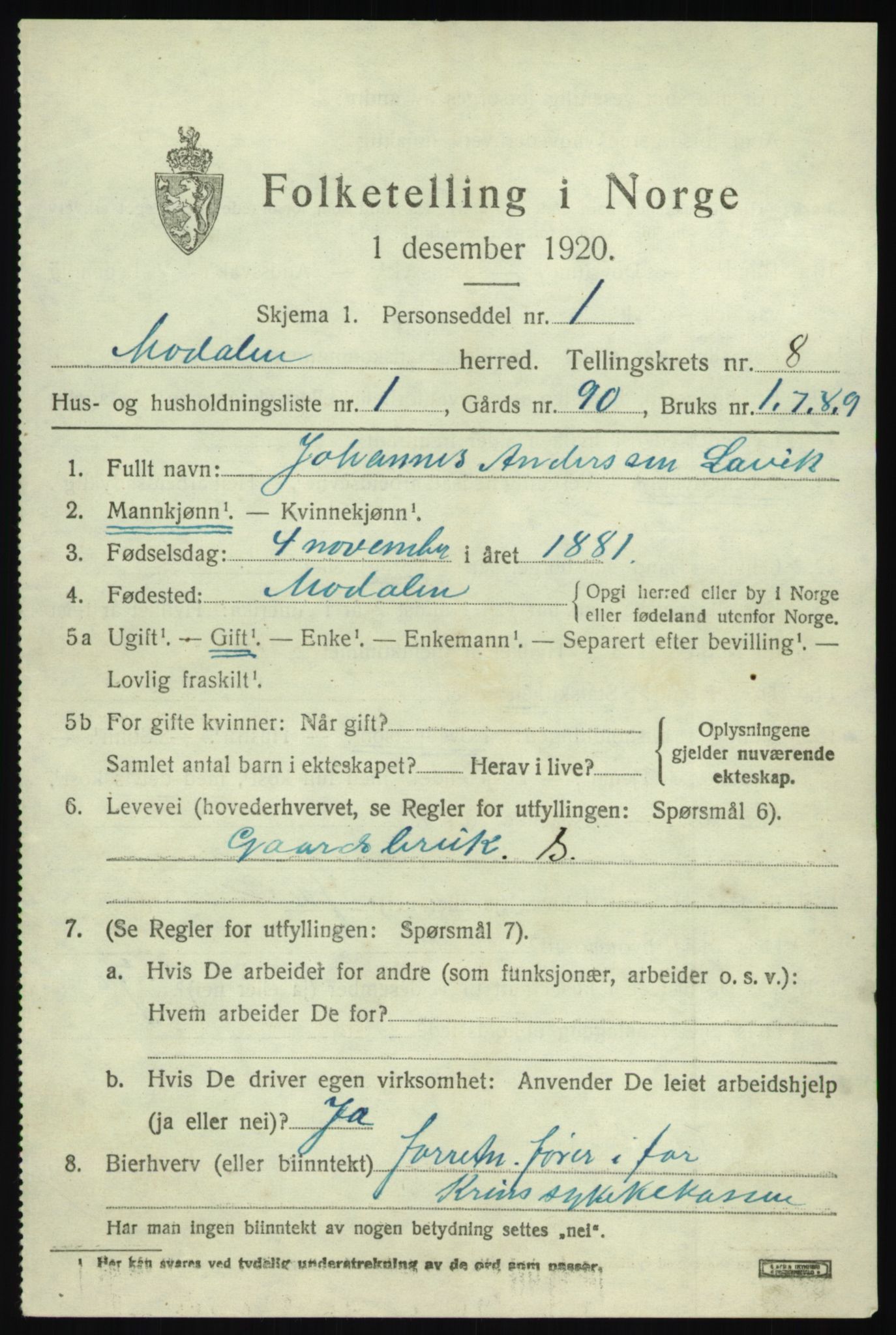 SAB, 1920 census for Modalen, 1920, p. 1454