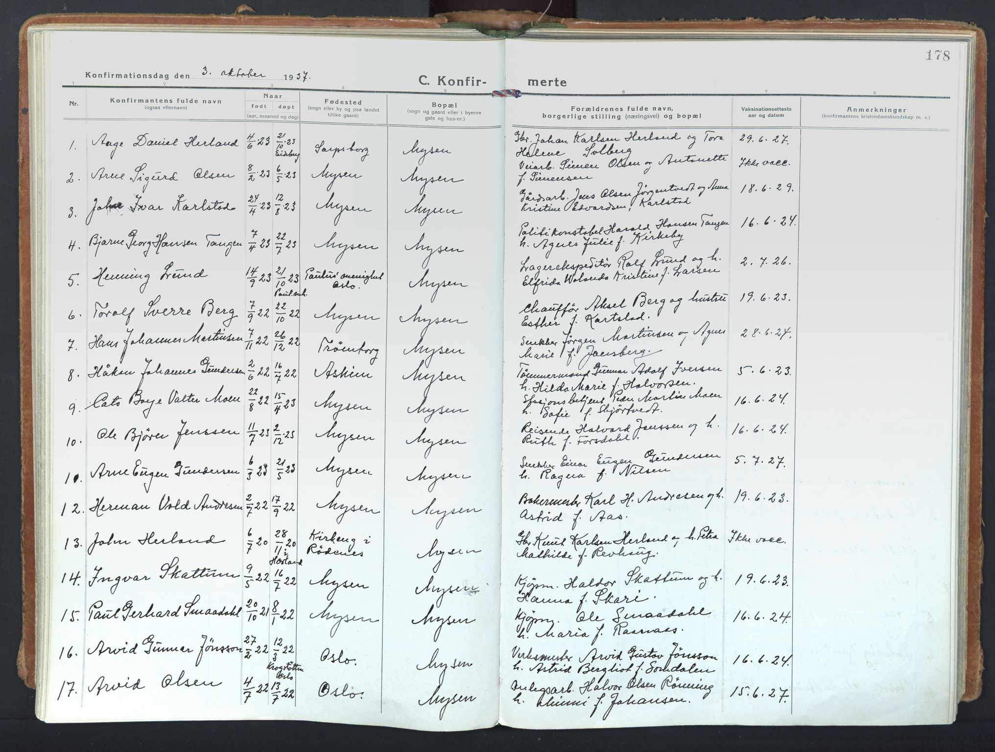 Eidsberg prestekontor Kirkebøker, SAO/A-10905/F/Fd/L0001: Parish register (official) no. IV 1, 1921-1948, p. 178