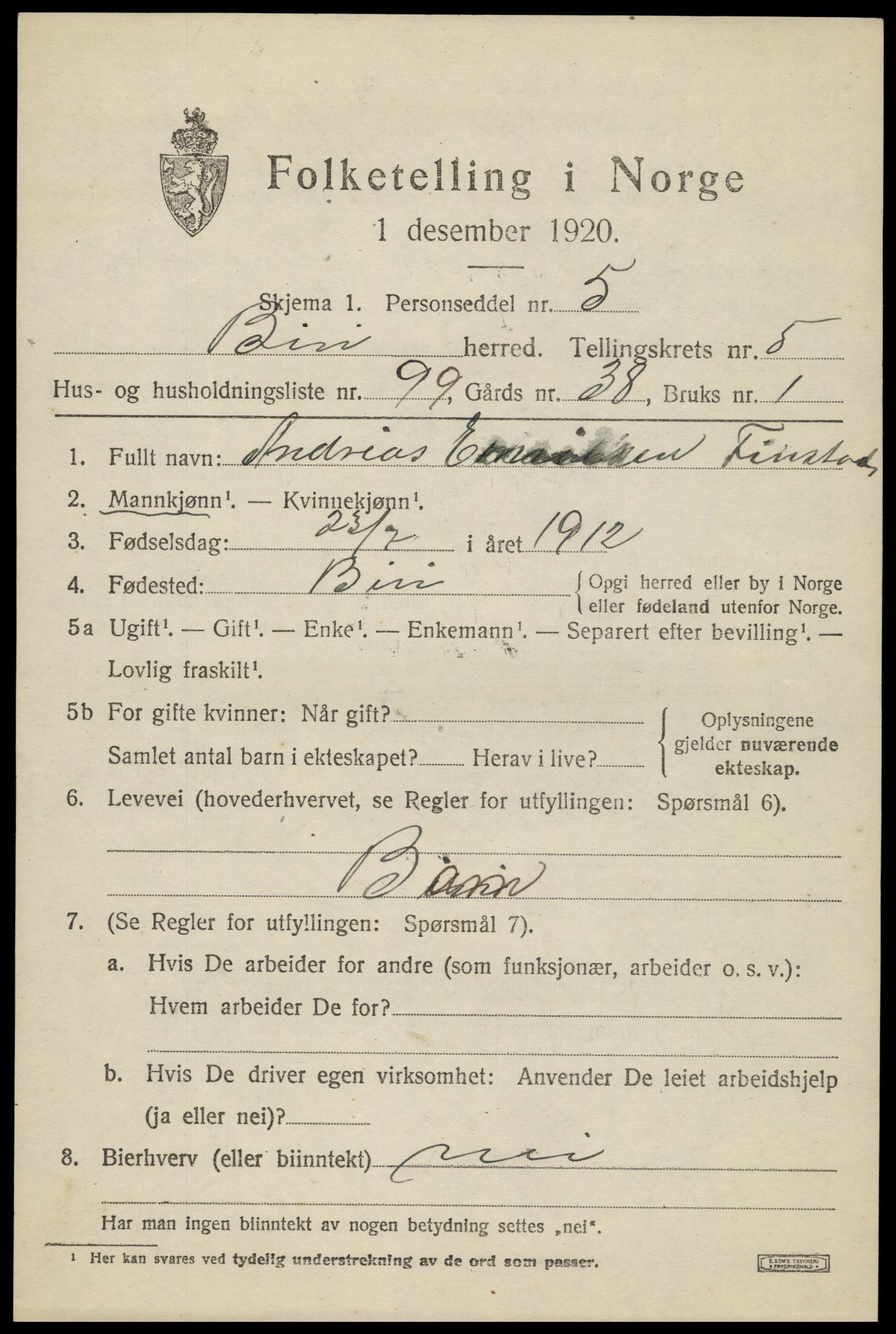 SAH, 1920 census for Biri, 1920, p. 5473