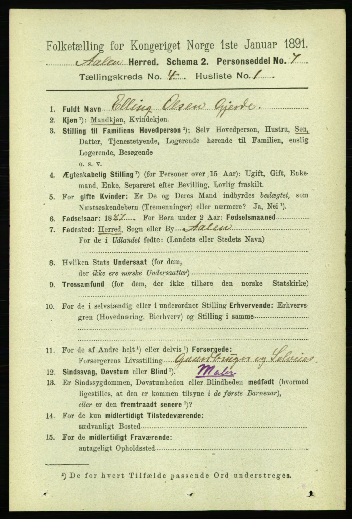 RA, 1891 census for 1644 Ålen, 1891, p. 1172