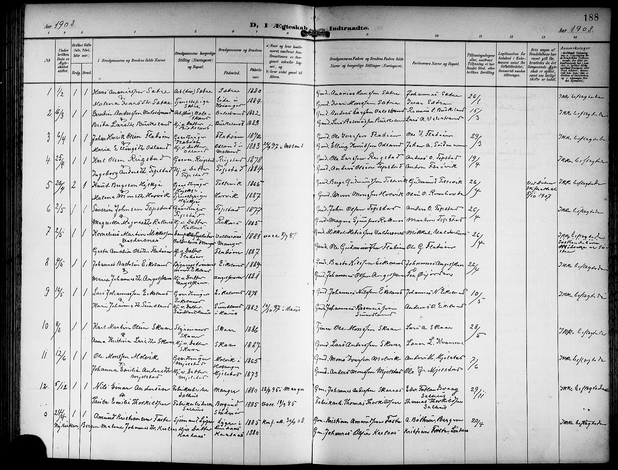 Hamre sokneprestembete, SAB/A-75501/H/Ha/Hab: Parish register (copy) no. B 4, 1898-1919, p. 188