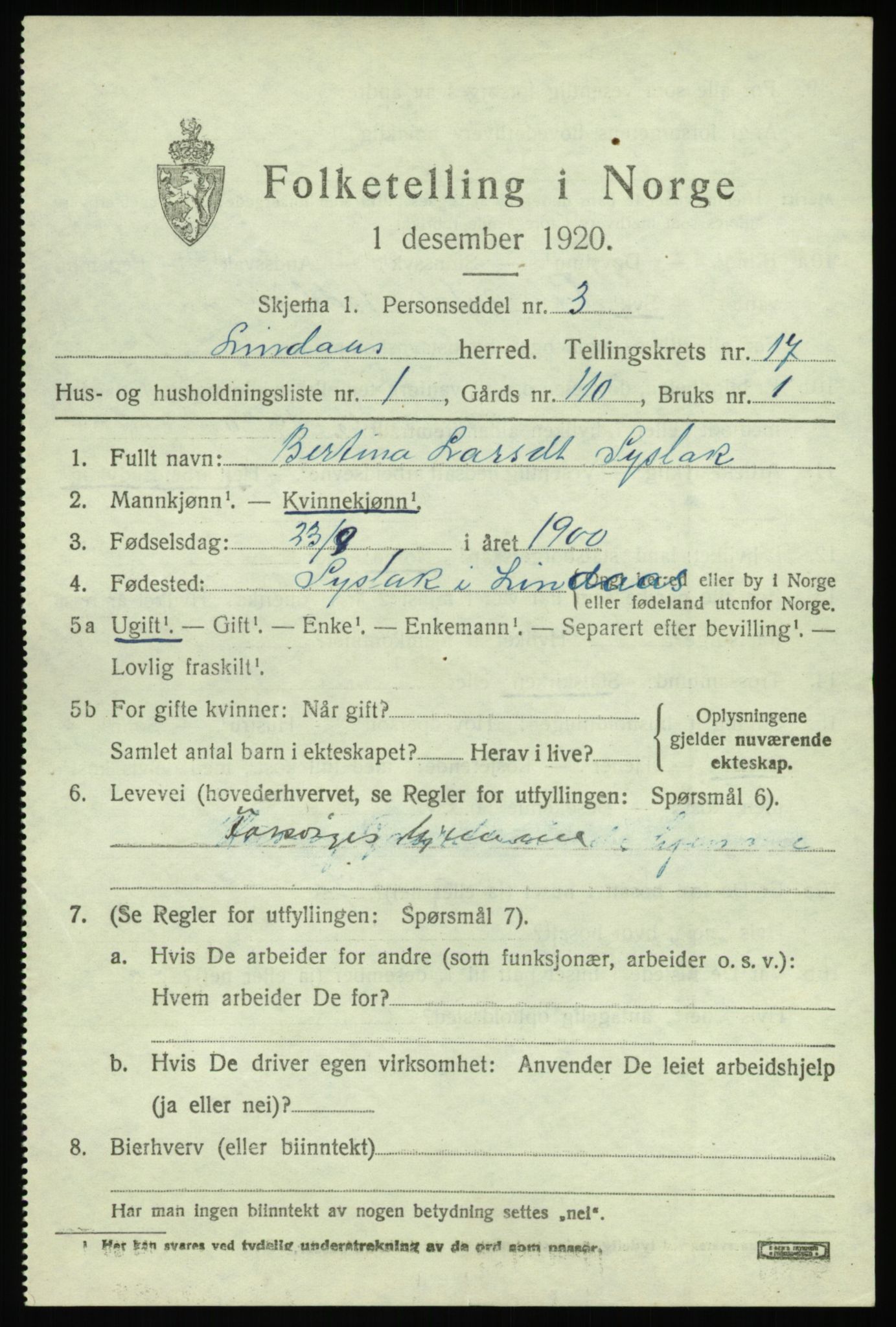 SAB, 1920 census for Lindås, 1920, p. 8989