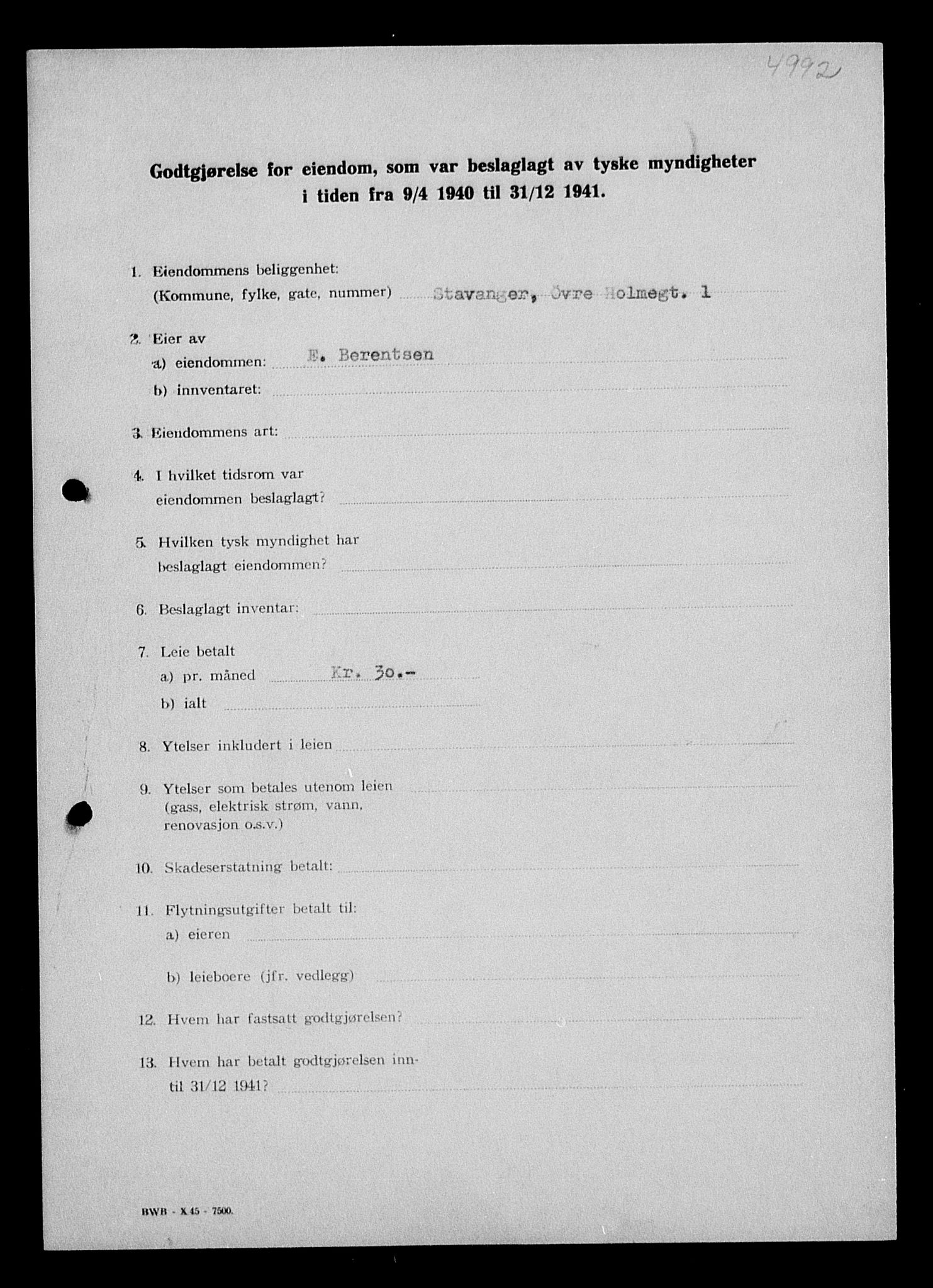 Justisdepartementet, Tilbakeføringskontoret for inndratte formuer, AV/RA-S-1564/I/L1014: Godtgjørelse for beslaglagt eiendom, 1940-1941, p. 11
