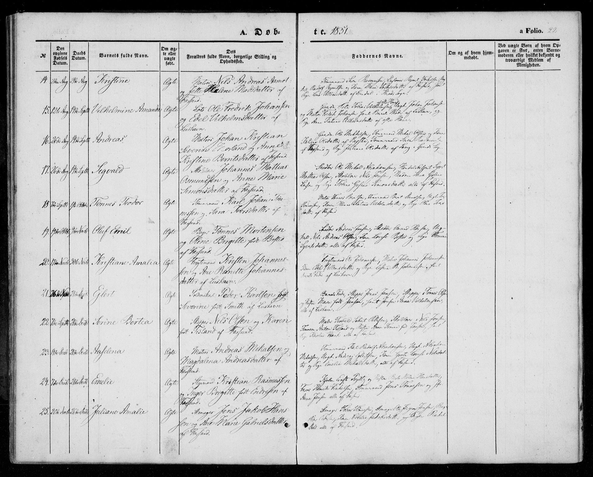 Farsund sokneprestkontor, SAK/1111-0009/F/Fa/L0004: Parish register (official) no. A 4, 1847-1863, p. 22