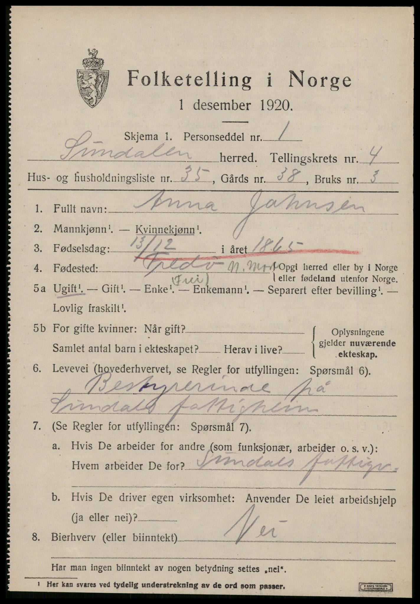 SAT, 1920 census for Sunndal, 1920, p. 2916