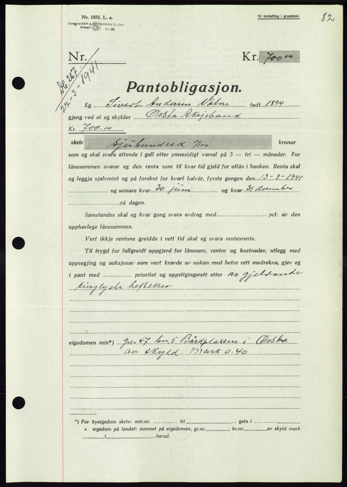 Søre Sunnmøre sorenskriveri, AV/SAT-A-4122/1/2/2C/L0071: Mortgage book no. 65, 1941-1941, Diary no: : 267/1941