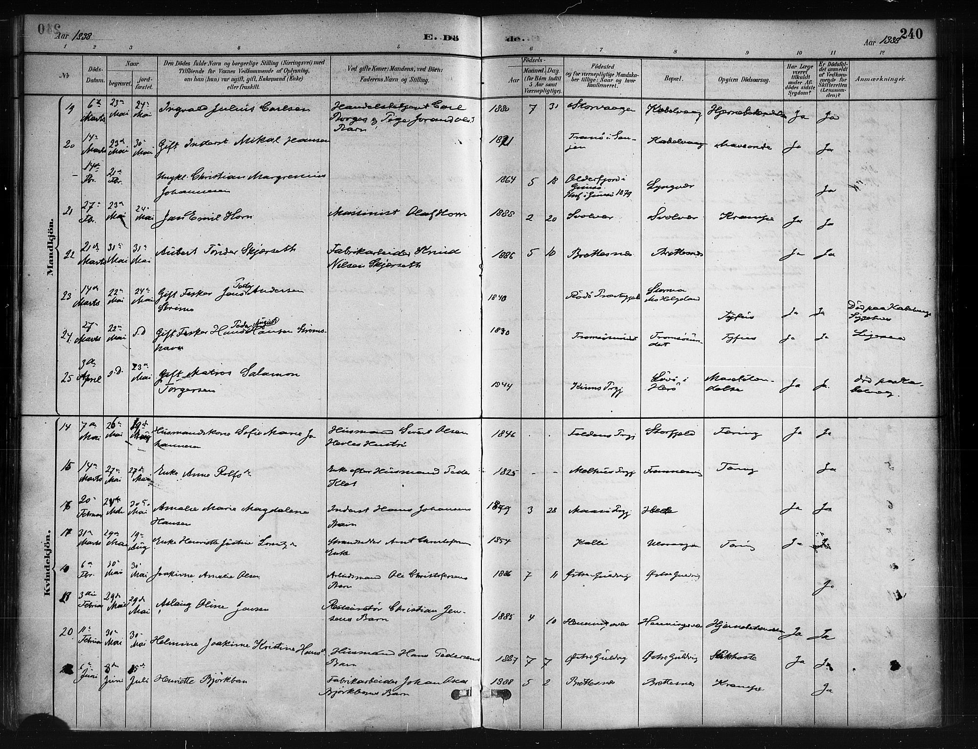 Ministerialprotokoller, klokkerbøker og fødselsregistre - Nordland, AV/SAT-A-1459/874/L1059: Parish register (official) no. 874A03, 1884-1890, p. 240