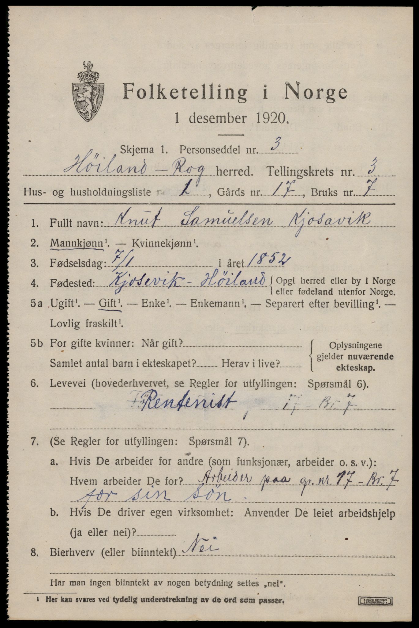 SAST, 1920 census for Høyland, 1920, p. 3018