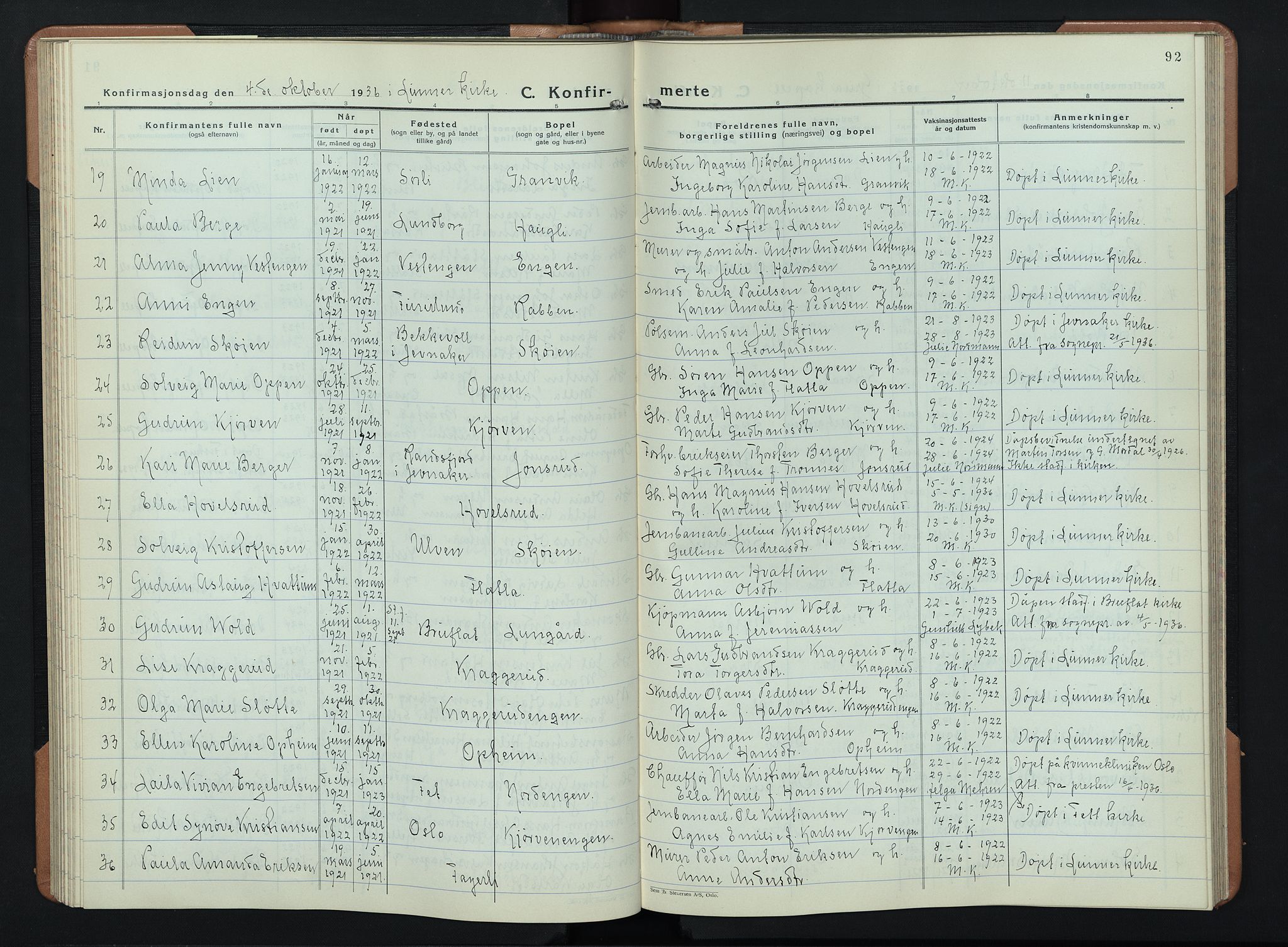Lunner prestekontor, AV/SAH-PREST-118/H/Ha/Hab/L0003: Parish register (copy) no. 3, 1933-1945, p. 92