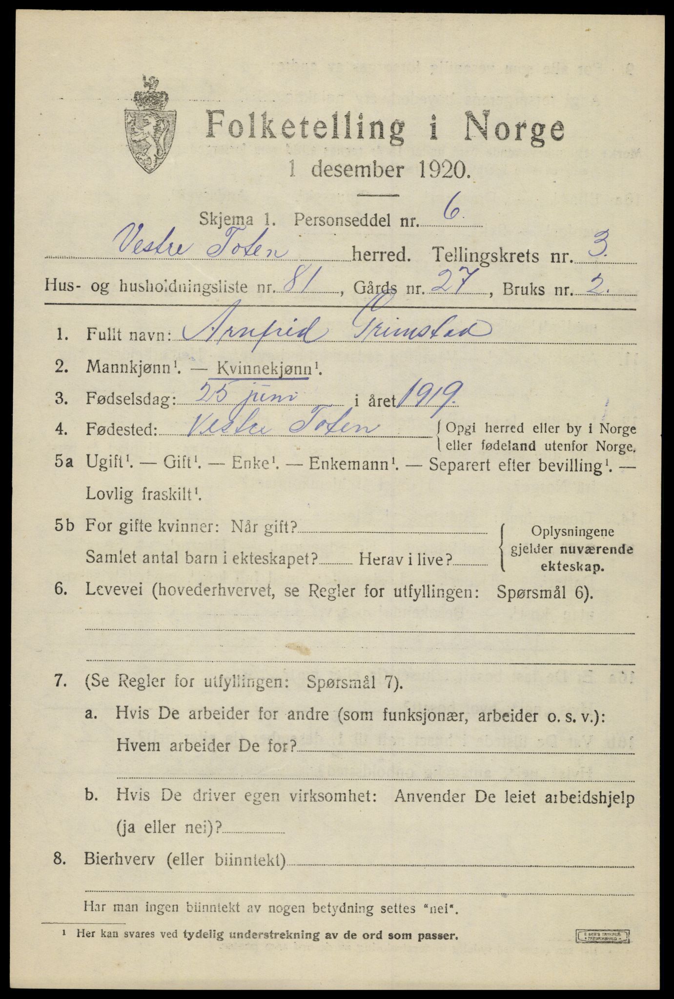 SAH, 1920 census for Vestre Toten, 1920, p. 5546