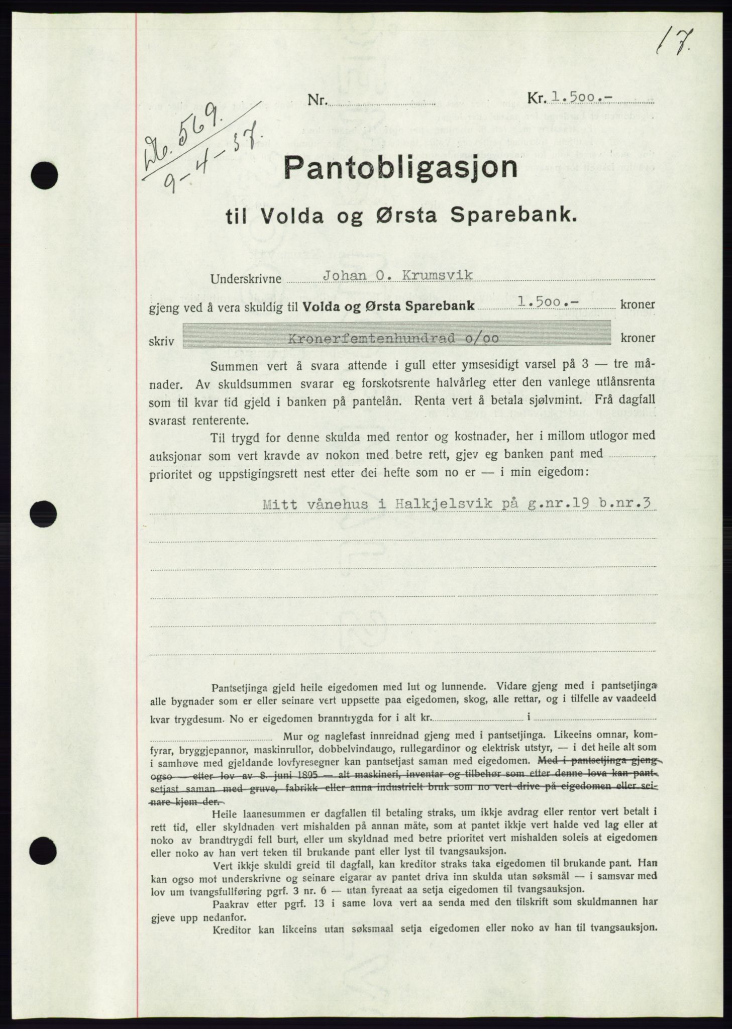 Søre Sunnmøre sorenskriveri, AV/SAT-A-4122/1/2/2C/L0063: Mortgage book no. 57, 1937-1937, Diary no: : 569/1937