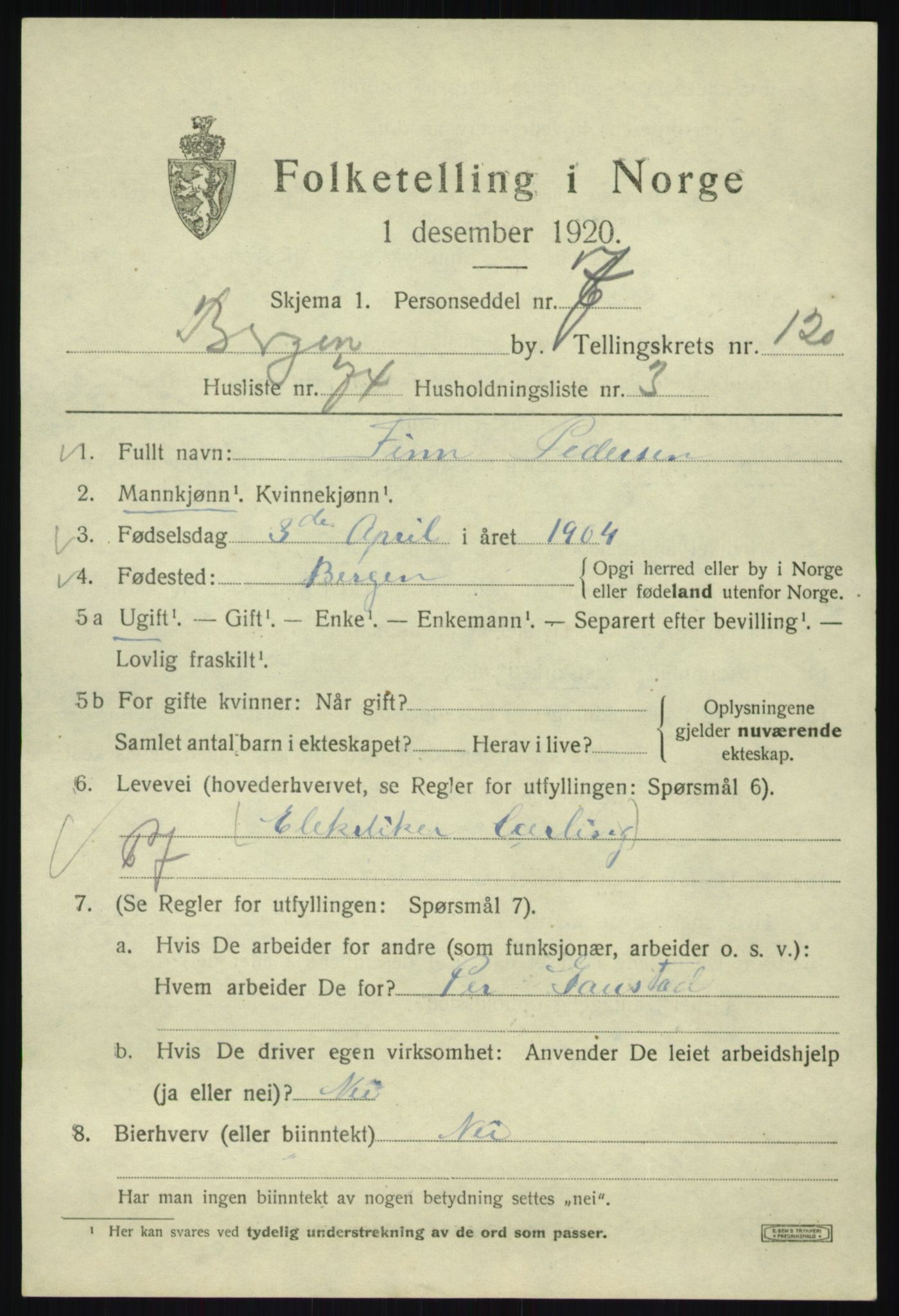 SAB, 1920 census for Bergen, 1920, p. 202731