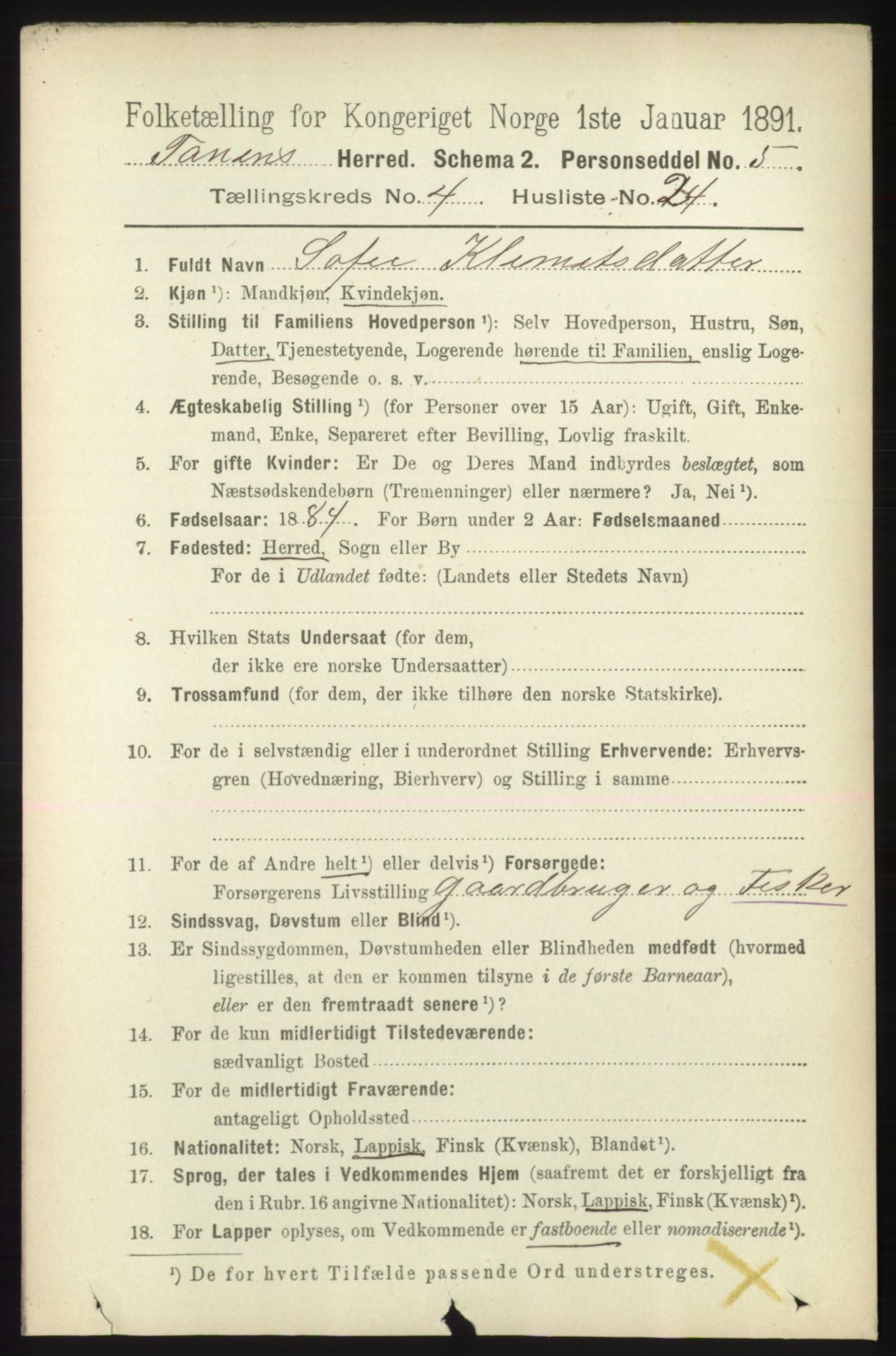 RA, 1891 census for 2025 Tana, 1891, p. 1864