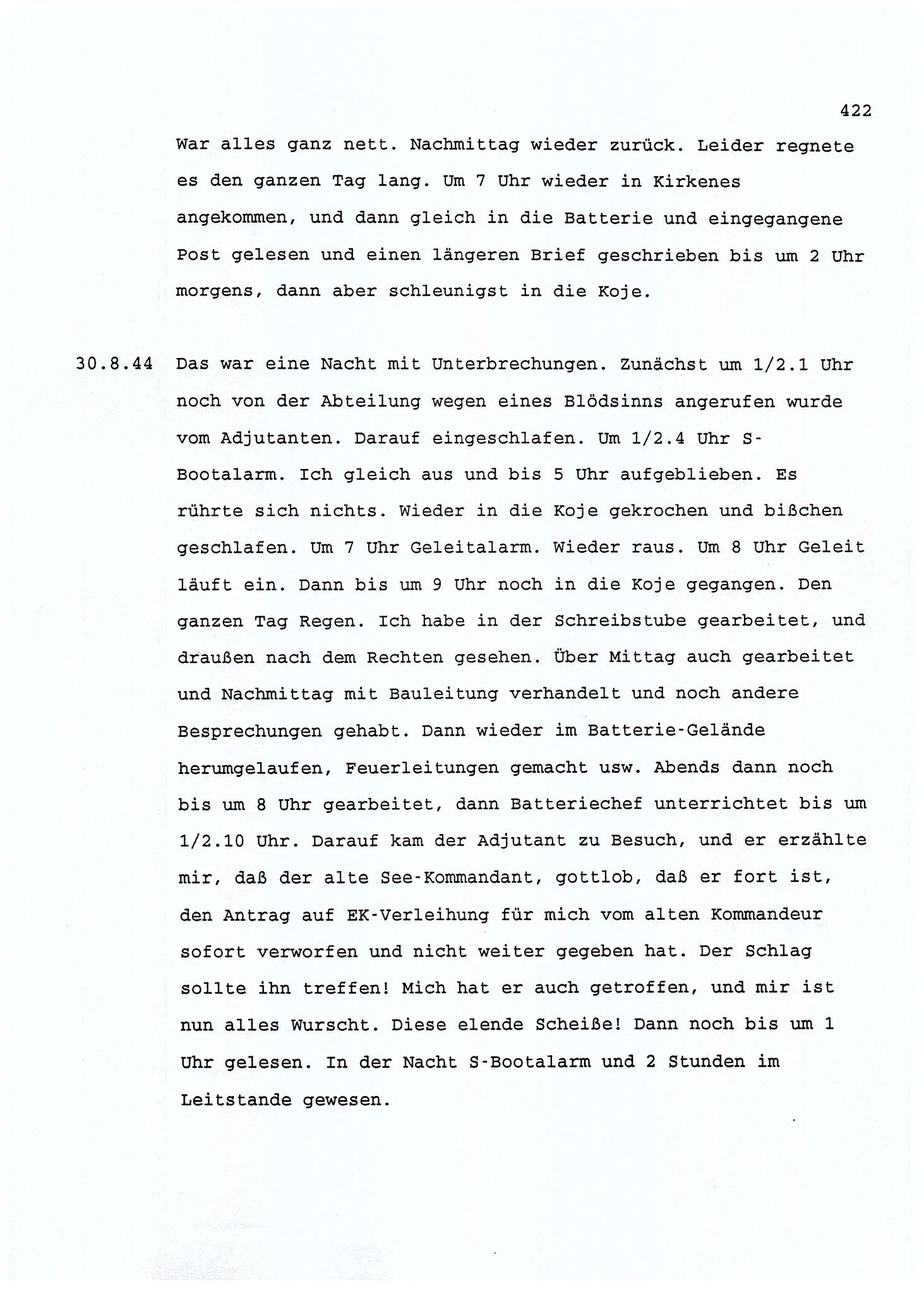 Dagbokopptegnelser av en tysk marineoffiser stasjonert i Norge , FMFB/A-1160/F/L0001: Dagbokopptegnelser av en tysk marineoffiser stasjonert i Norge, 1941-1944, p. 422