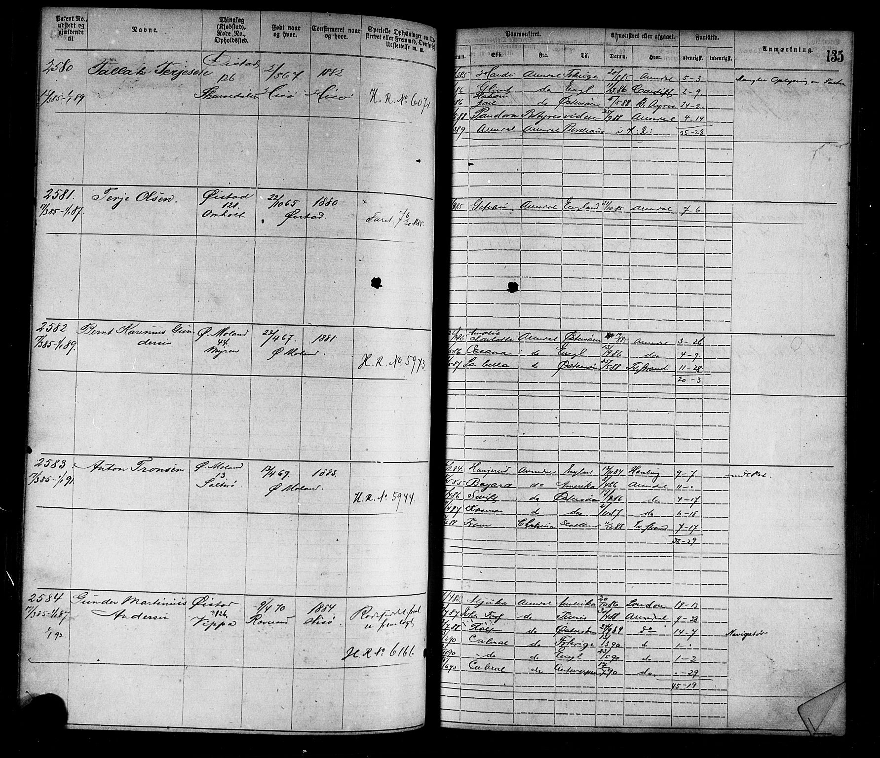 Arendal mønstringskrets, SAK/2031-0012/F/Fa/L0003: Annotasjonsrulle nr 1911-3827 med register, S-3, 1880-1892, p. 164