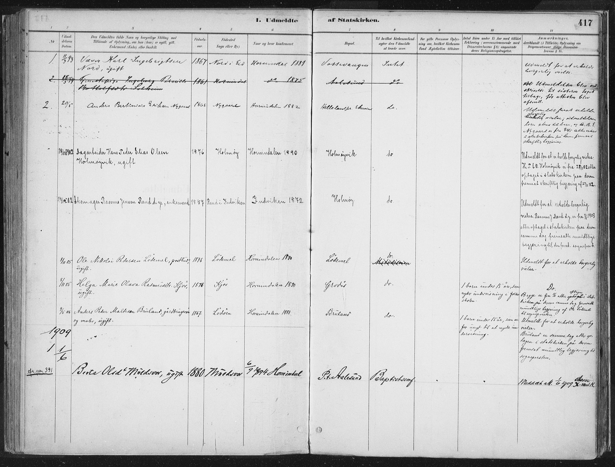 Hornindal sokneprestembete, AV/SAB-A-82401/H/Haa/Haaa/L0003/0002: Parish register (official) no. A 3B, 1885-1917, p. 417