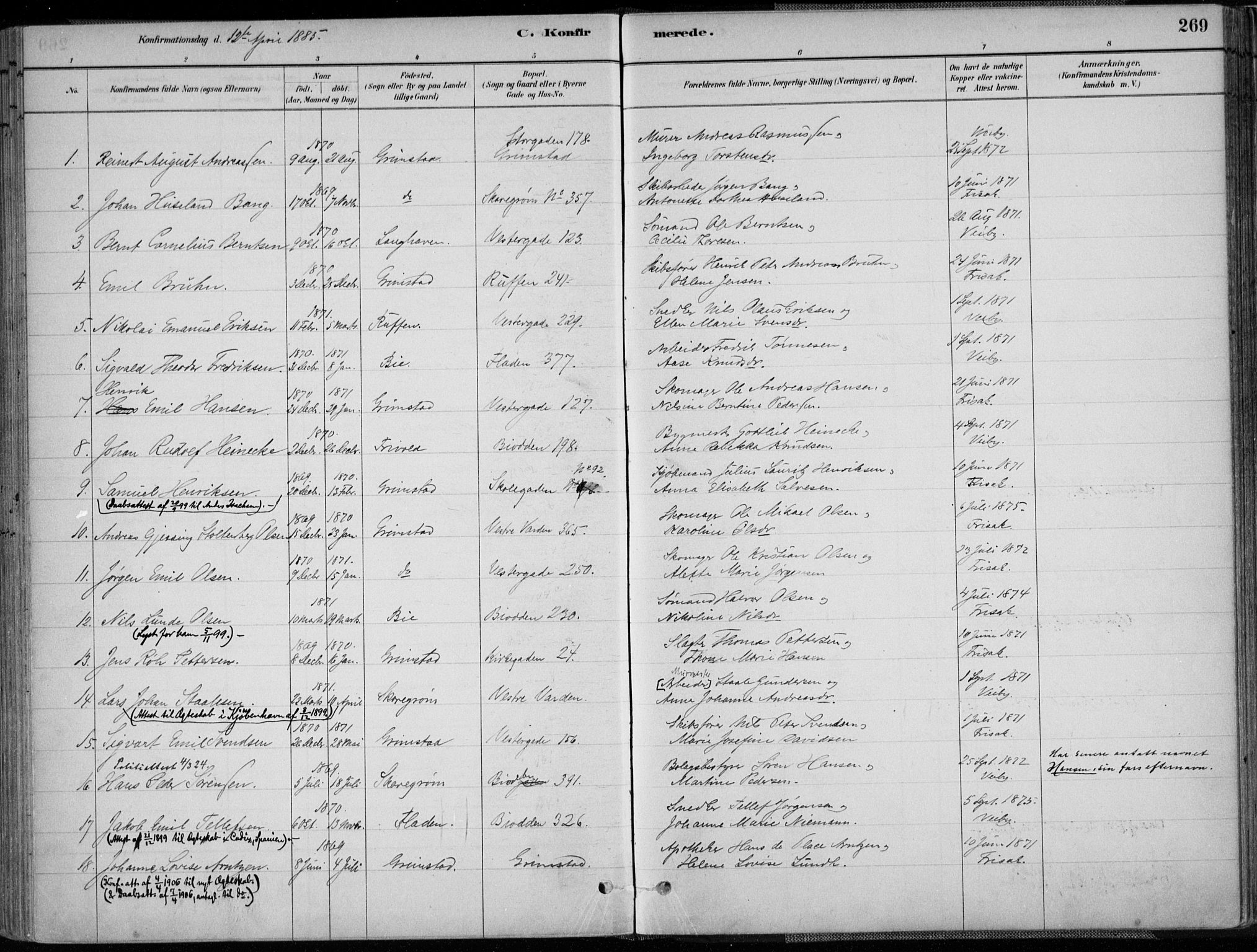 Grimstad sokneprestkontor, SAK/1111-0017/F/Fa/L0003: Parish register (official) no. A 2, 1882-1912, p. 269