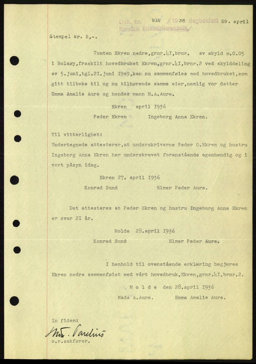 Romsdal sorenskriveri, AV/SAT-A-4149/1/2/2C: Mortgage book no. A1, 1936-1936, Diary no: : 919/1936