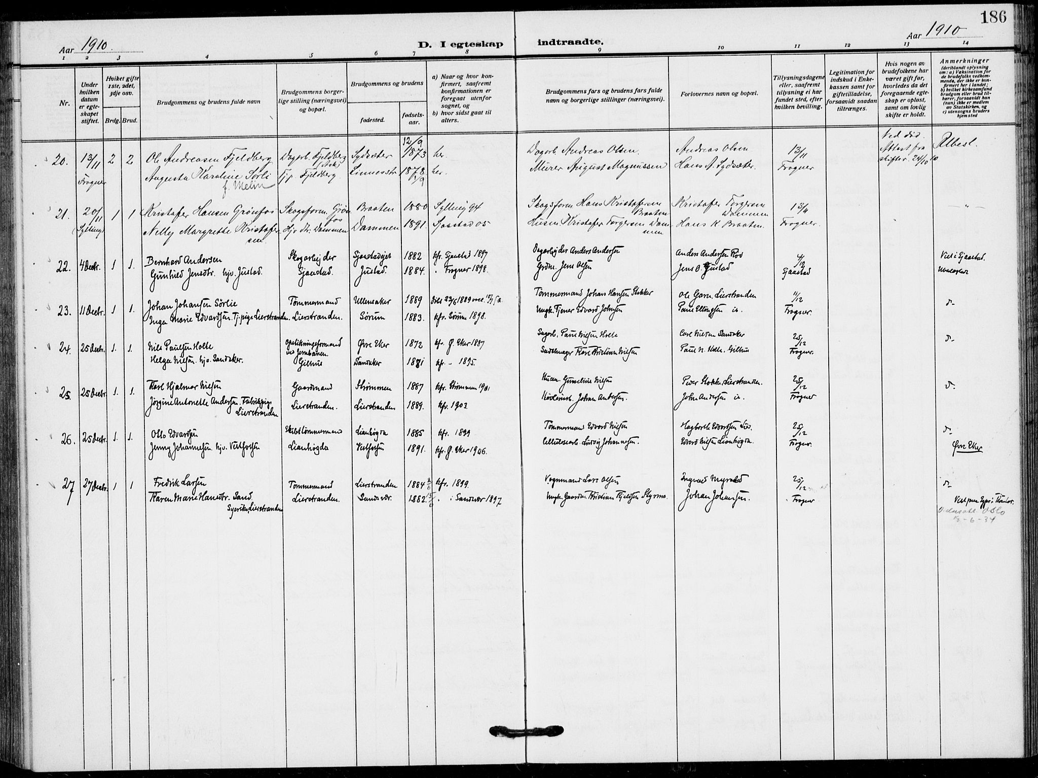 Lier kirkebøker, SAKO/A-230/F/Fa/L0018: Parish register (official) no. I 18, 1909-1917, p. 186