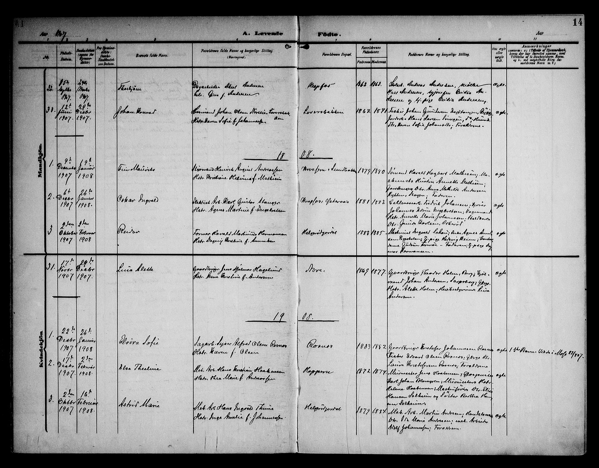 Moss prestekontor Kirkebøker, AV/SAO-A-2003/F/Fc/L0003: Parish register (official) no. III 3, 1906-1914, p. 14