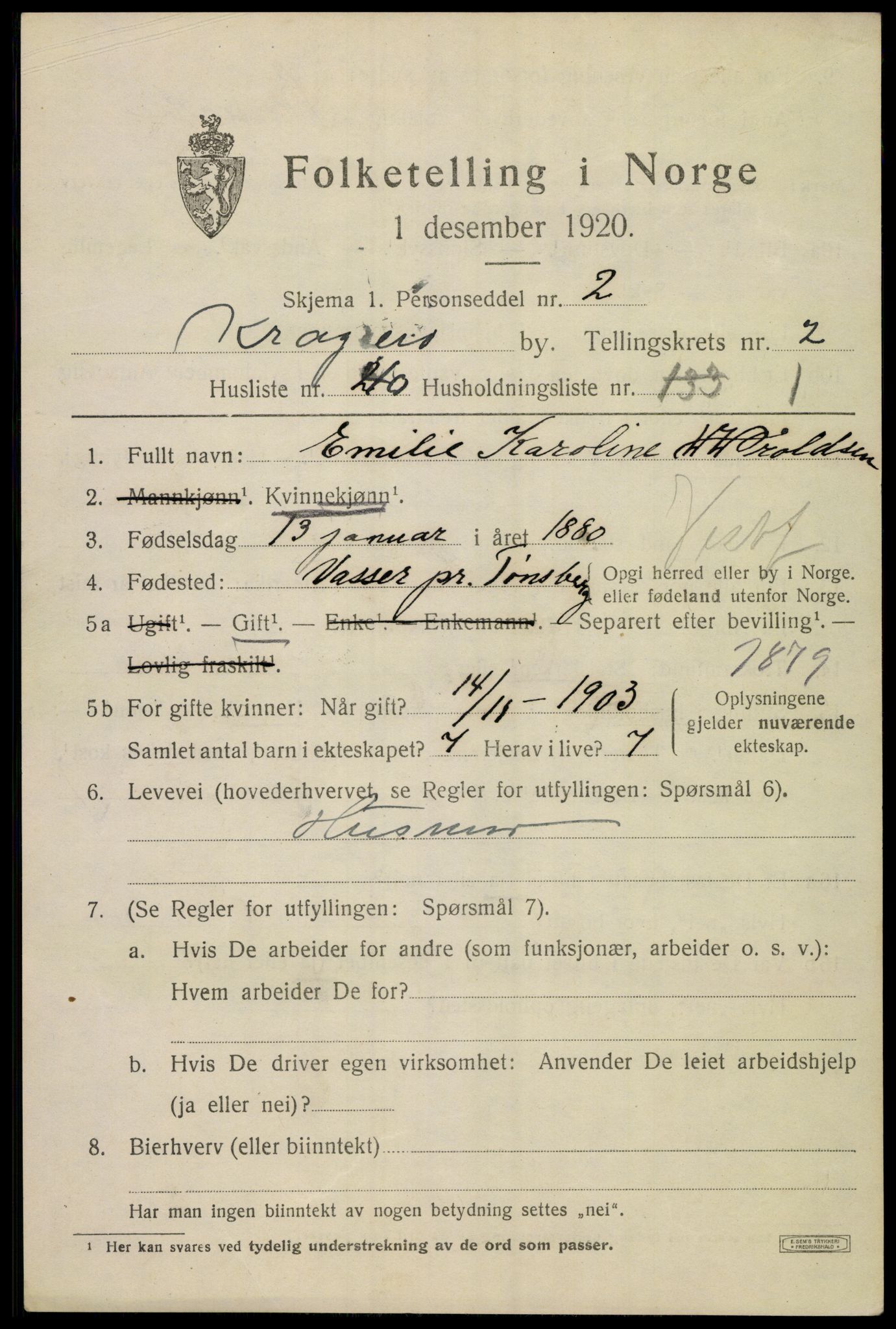 SAKO, 1920 census for Kragerø, 1920, p. 5839