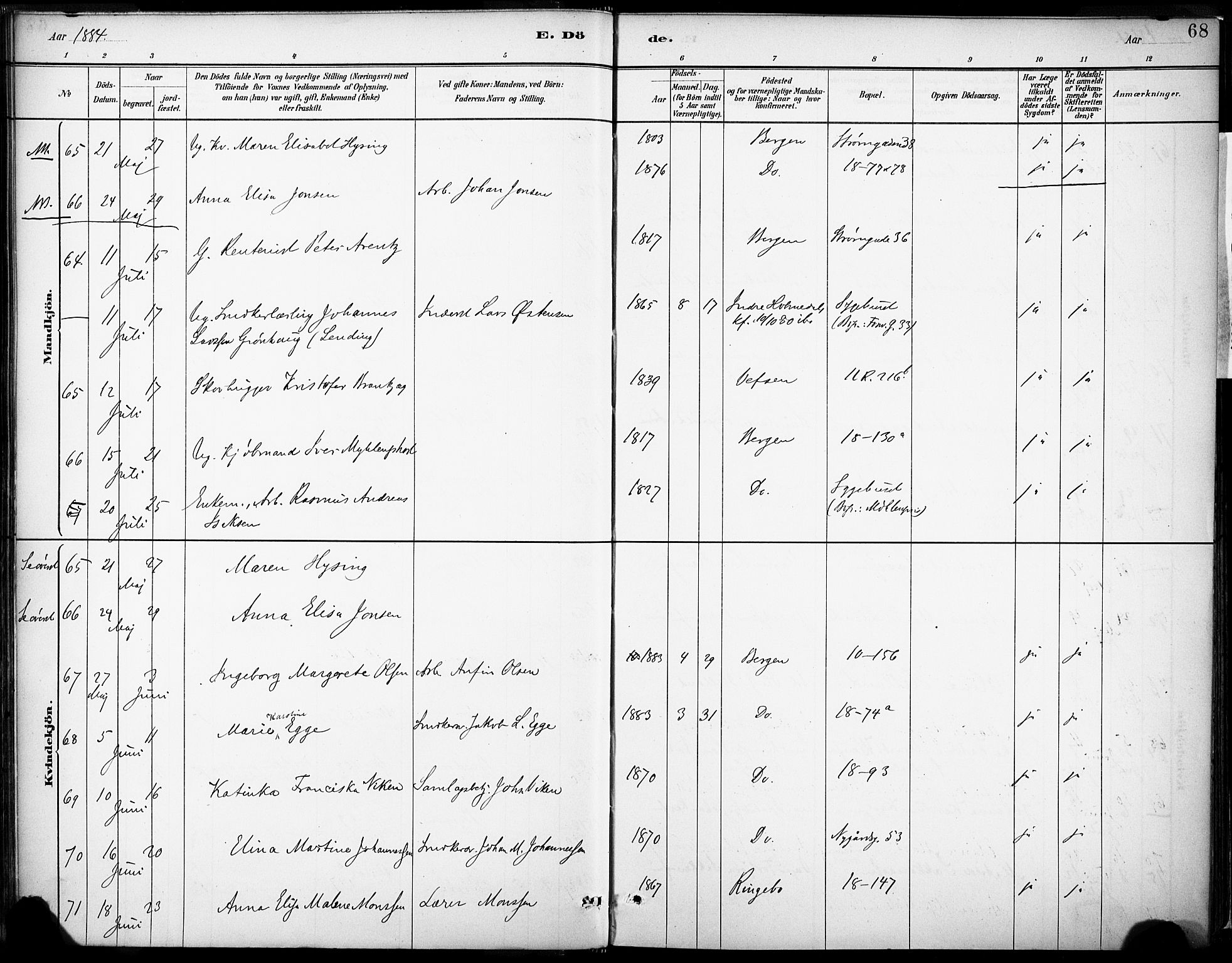 Domkirken sokneprestembete, AV/SAB-A-74801/H/Haa/L0043: Parish register (official) no. E 5, 1882-1904, p. 68