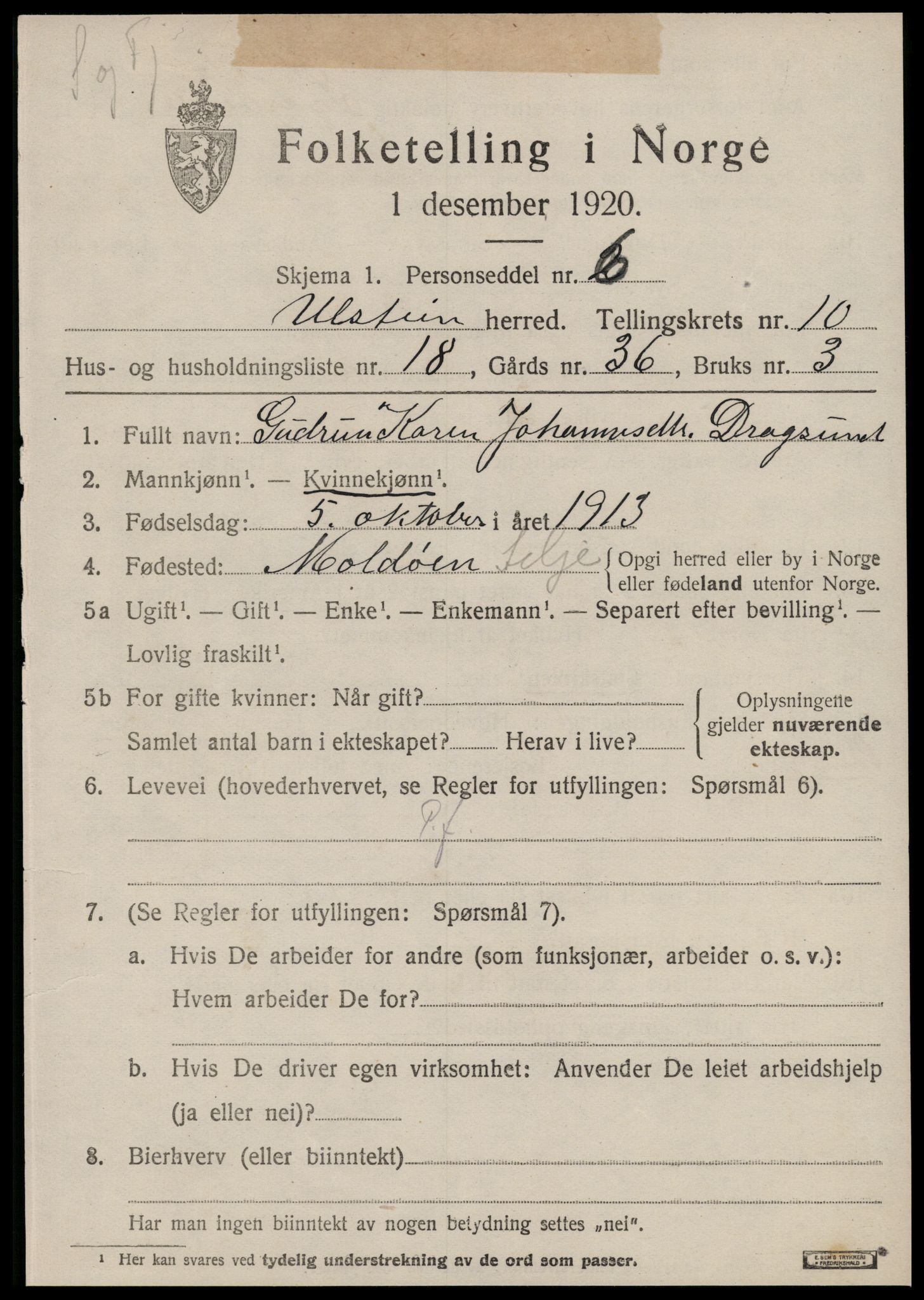 SAT, 1920 census for Ulstein, 1920, p. 5588