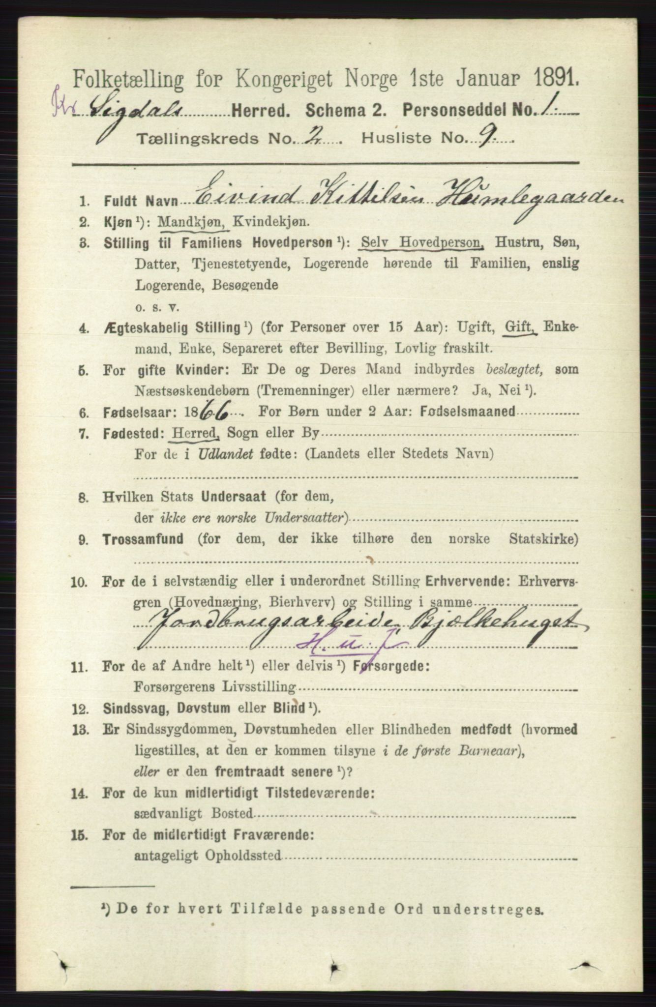 RA, 1891 census for 0621 Sigdal, 1891, p. 5375