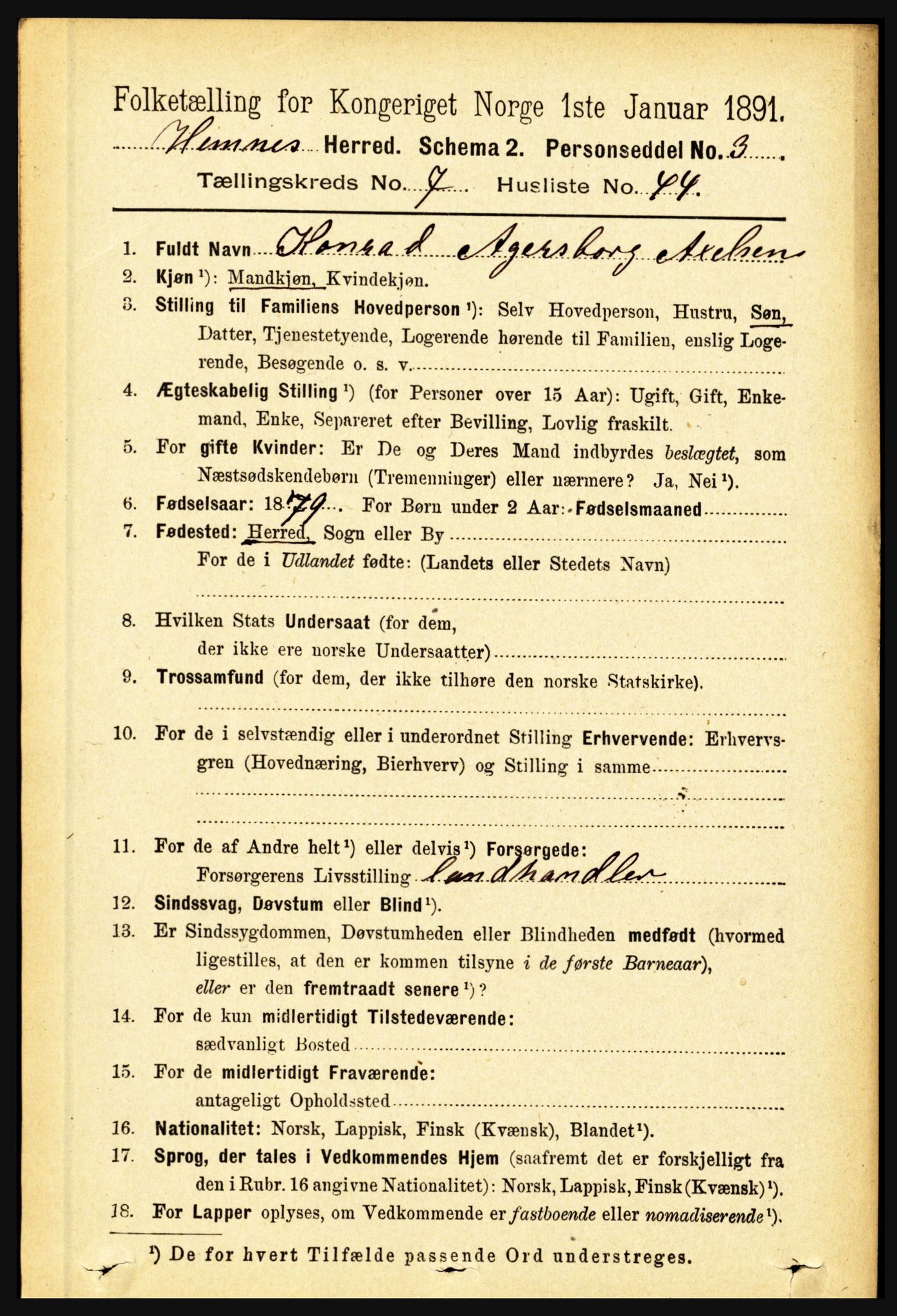 RA, 1891 census for 1832 Hemnes, 1891, p. 3527