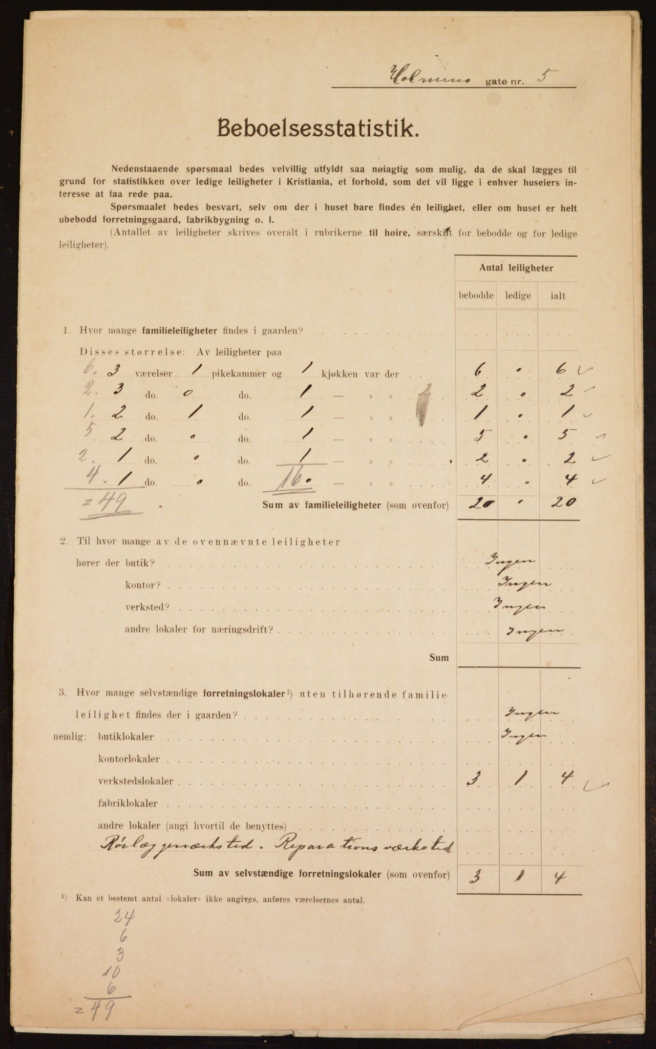 OBA, Municipal Census 1910 for Kristiania, 1910, p. 40095