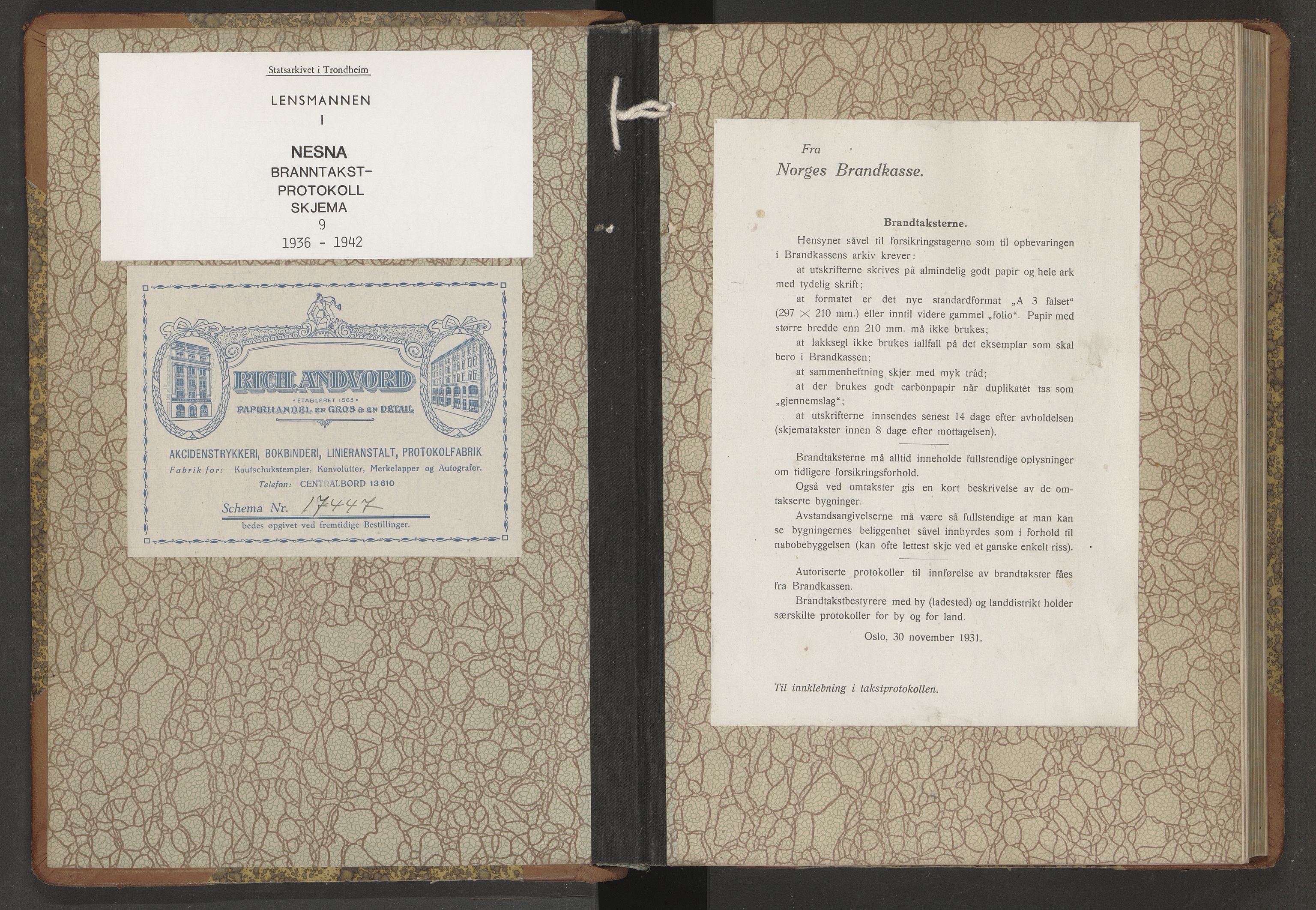 Norges Brannkasse Nesna, SAT/A-5575/Fb/L0009: Branntakstprotokoll, 1936-1942
