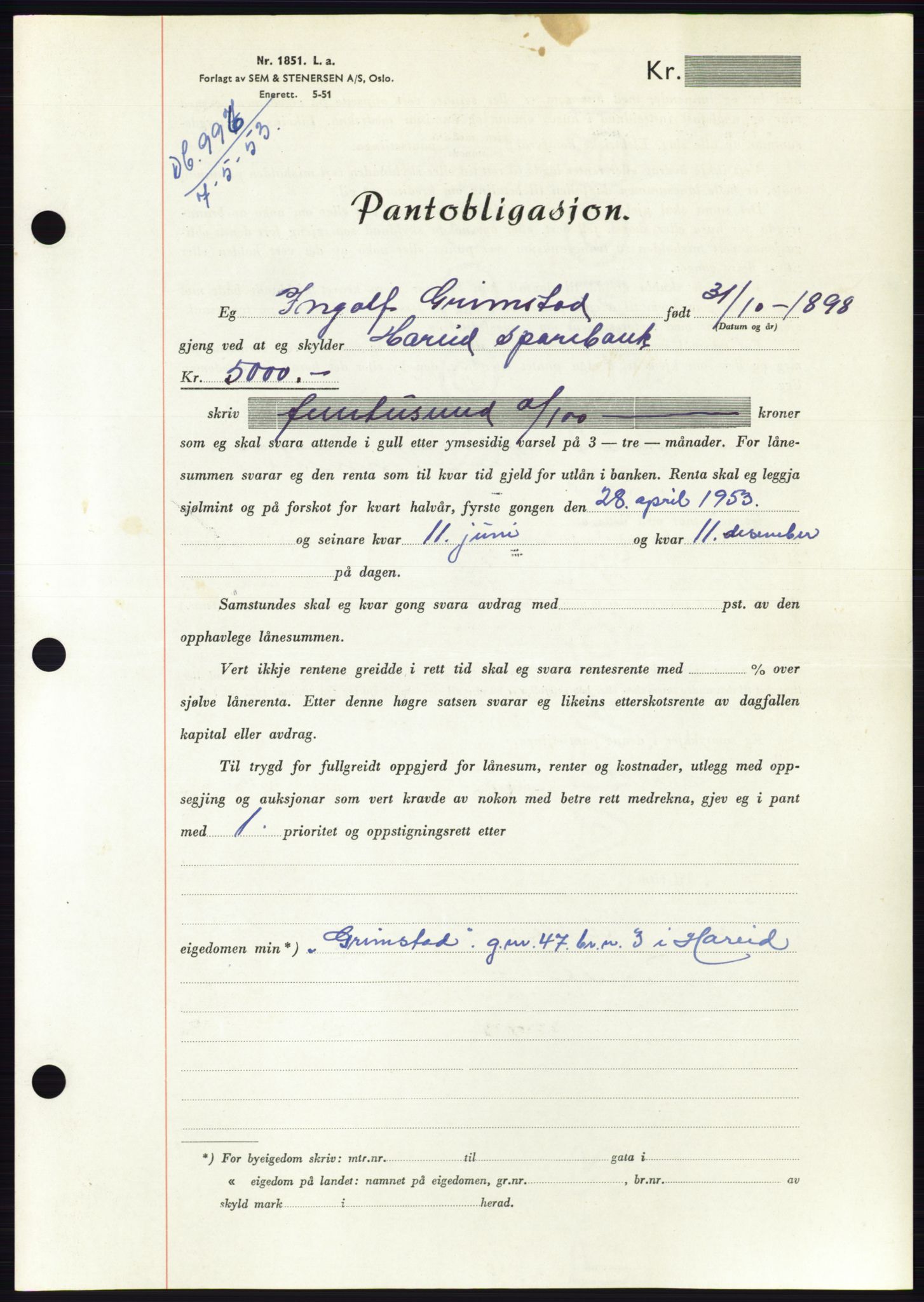 Søre Sunnmøre sorenskriveri, SAT/A-4122/1/2/2C/L0123: Mortgage book no. 11B, 1953-1953, Diary no: : 996/1953