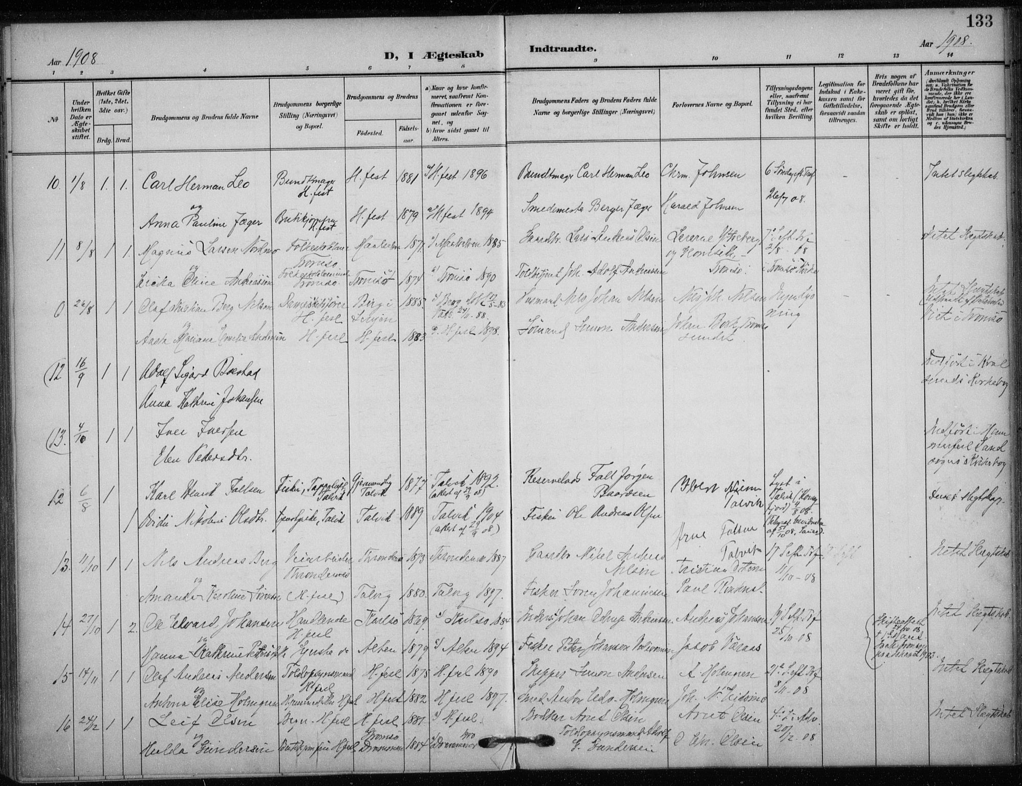 Hammerfest sokneprestkontor, SATØ/S-1347/H/Ha/L0014.kirke: Parish register (official) no. 14, 1906-1916, p. 133