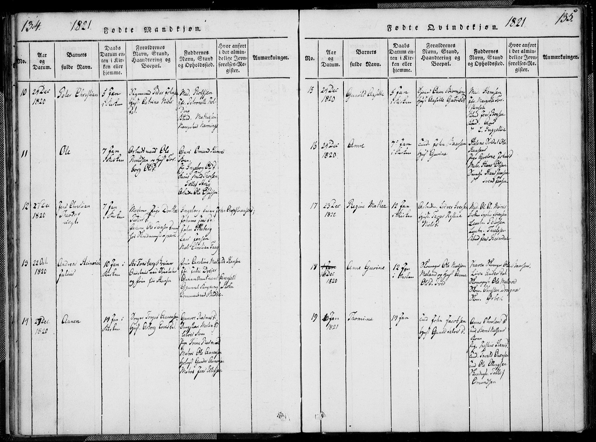 Kristiansand domprosti, SAK/1112-0006/F/Fa/L0008: Parish register (official) no. A 8, 1818-1821, p. 134-135