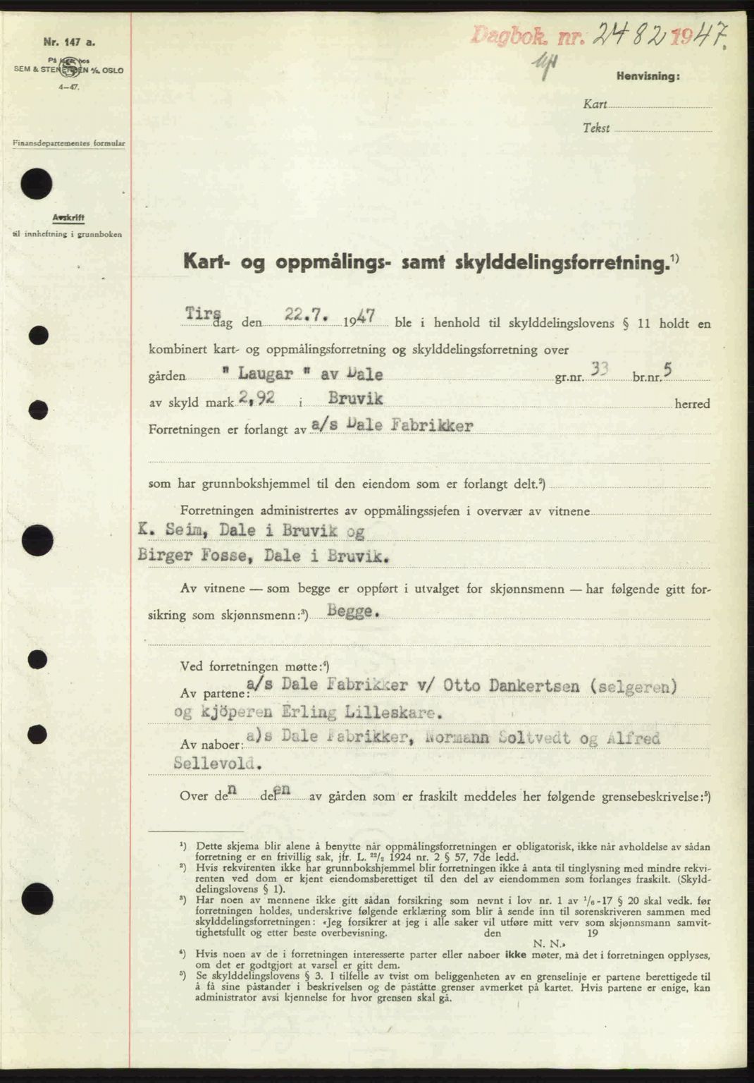 Nordhordland sorenskrivar, SAB/A-2901/1/G/Gb/Gbf/L0032: Mortgage book no. A32, 1947-1947, Diary no: : 2482/1947