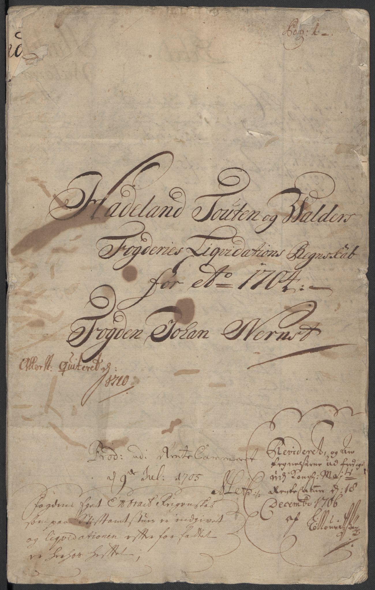 Rentekammeret inntil 1814, Reviderte regnskaper, Fogderegnskap, RA/EA-4092/R18/L1302: Fogderegnskap Hadeland, Toten og Valdres, 1704, p. 3