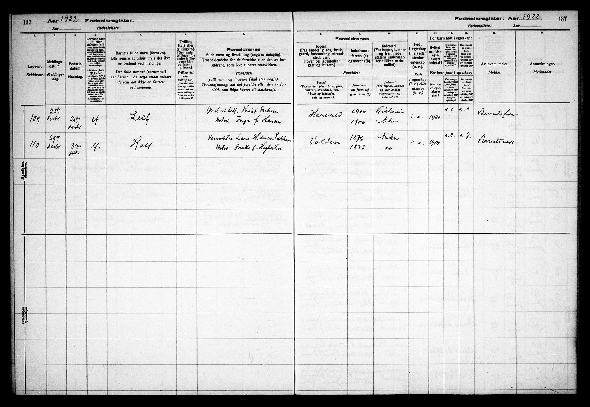 Asker prestekontor Kirkebøker, SAO/A-10256a/J/L0001: Birth register no. 1, 1916-1925, p. 137