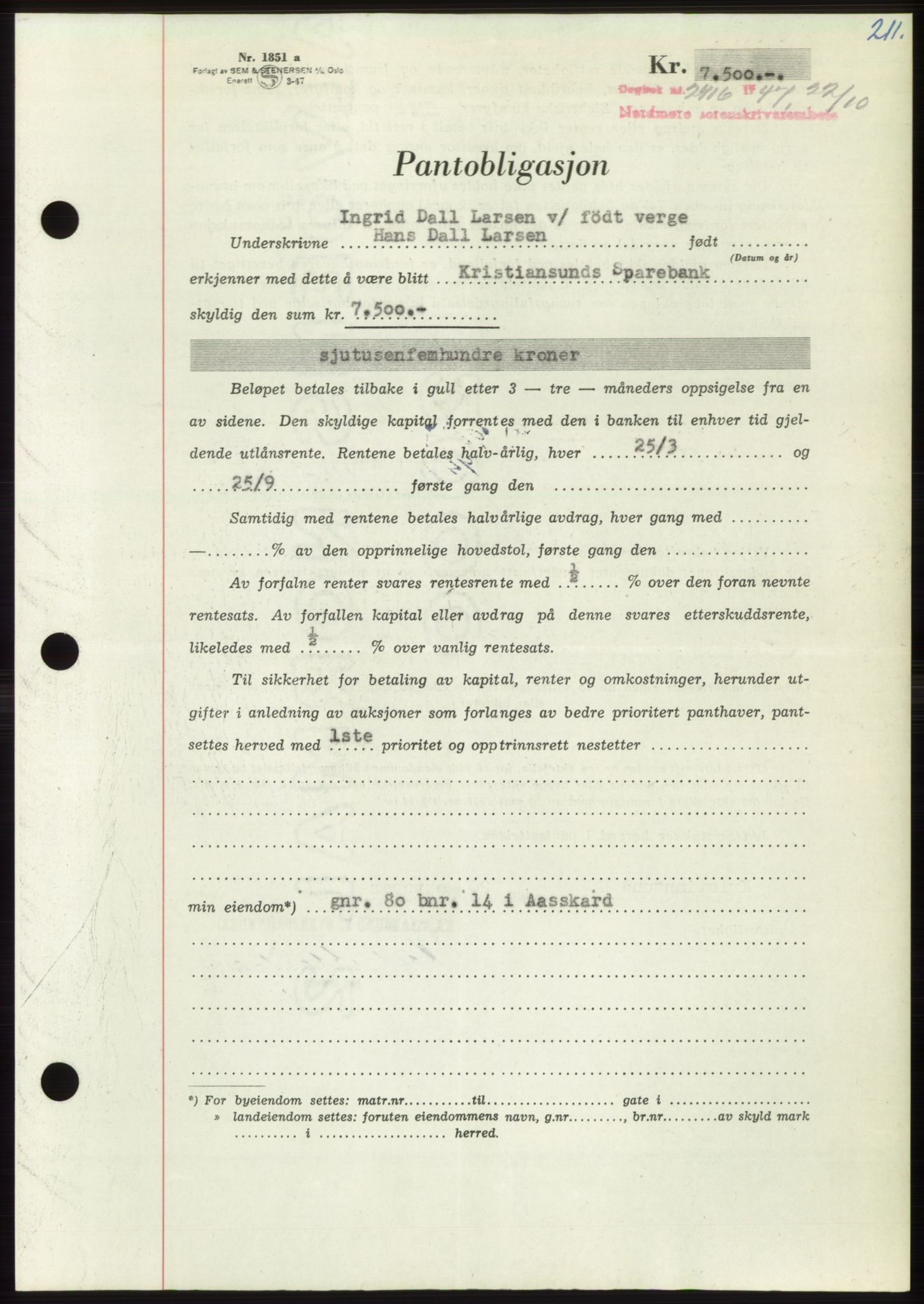 Nordmøre sorenskriveri, AV/SAT-A-4132/1/2/2Ca: Mortgage book no. B97, 1947-1948, Diary no: : 2416/1947