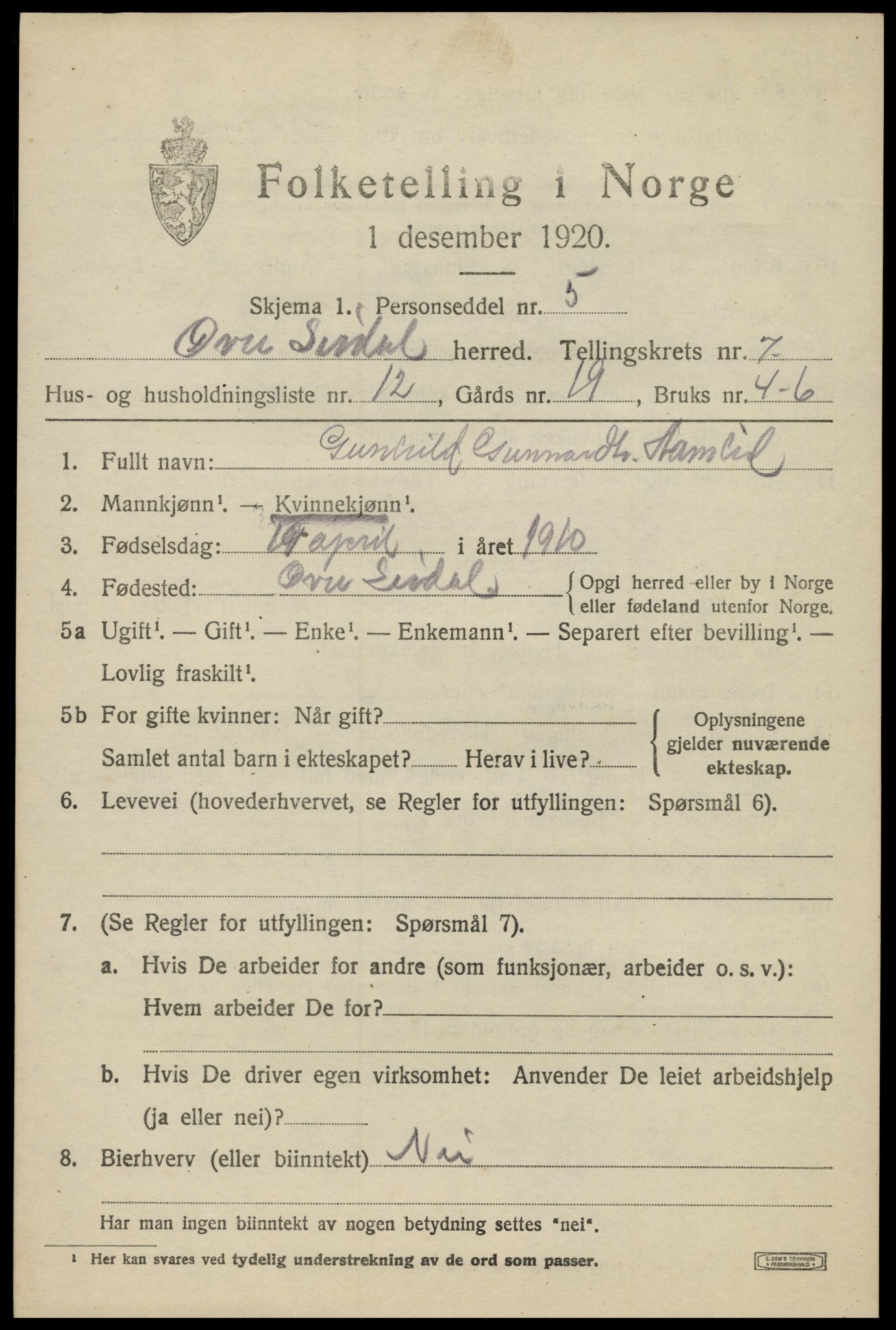 SAK, 1920 census for Øvre Sirdal, 1920, p. 1321