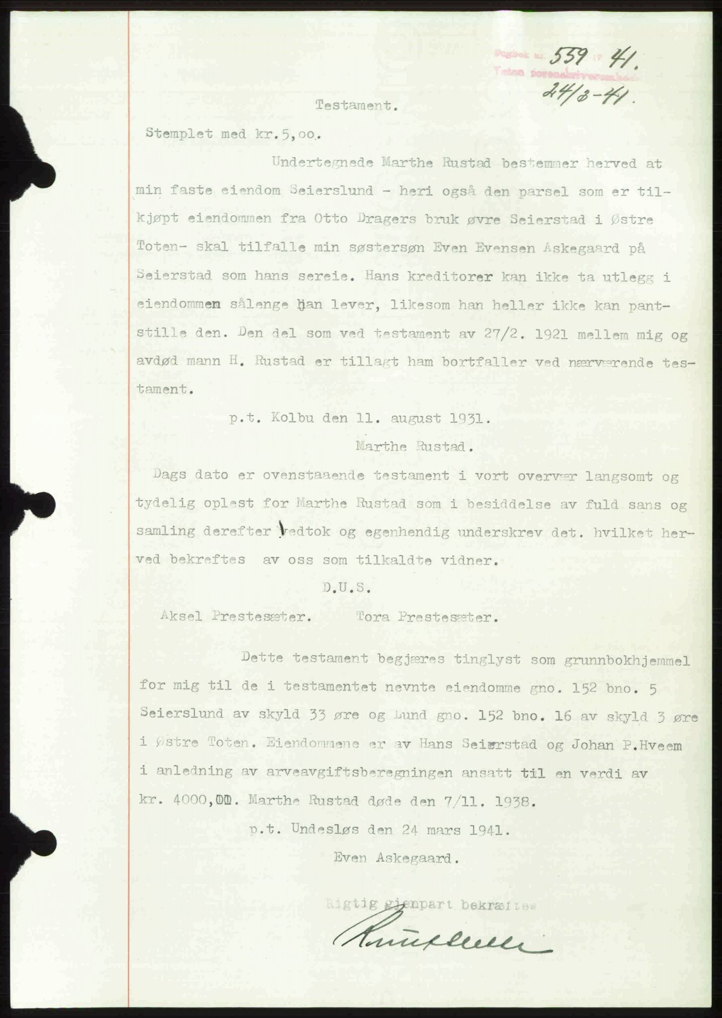 Toten tingrett, SAH/TING-006/H/Hb/Hbc/L0008: Mortgage book no. Hbc-08, 1941-1941, Diary no: : 559/1941