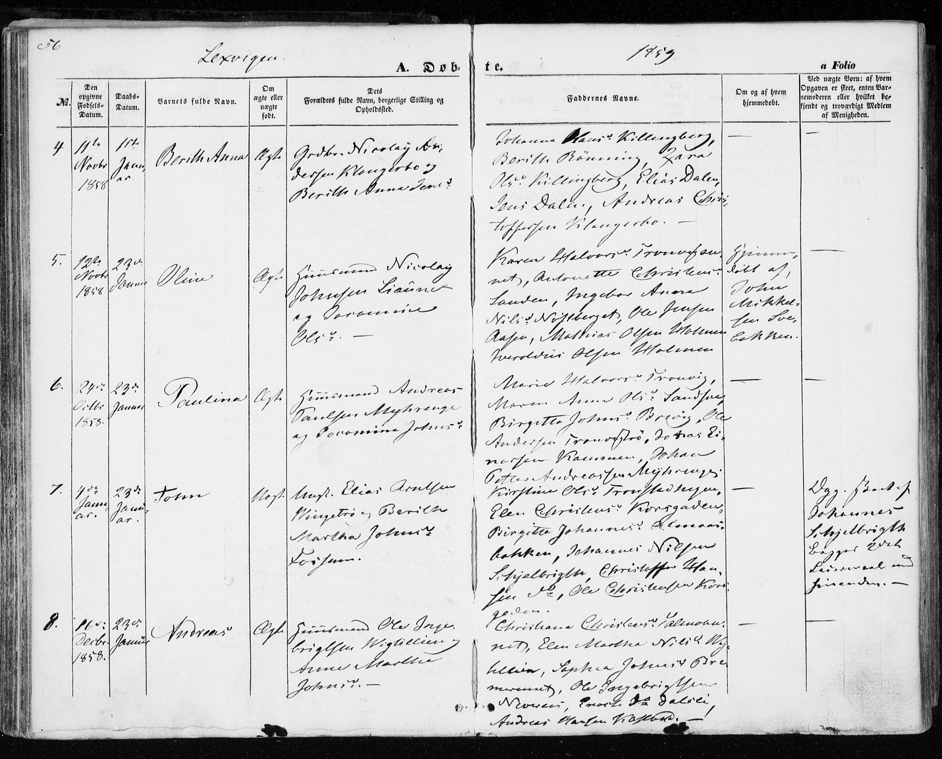 Ministerialprotokoller, klokkerbøker og fødselsregistre - Nord-Trøndelag, SAT/A-1458/701/L0008: Parish register (official) no. 701A08 /1, 1854-1863, p. 56