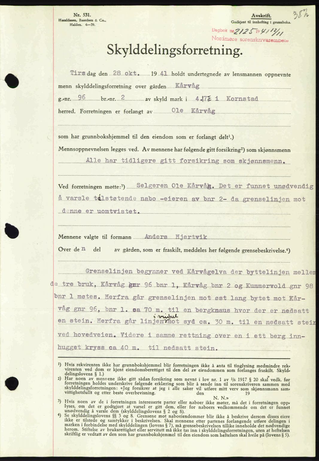 Nordmøre sorenskriveri, AV/SAT-A-4132/1/2/2Ca: Mortgage book no. A91, 1941-1942, Diary no: : 2125/1941