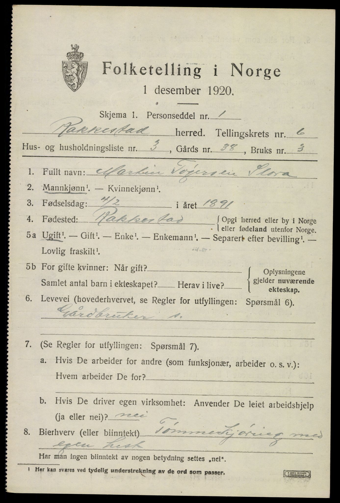 SAO, 1920 census for Rakkestad, 1920, p. 6653