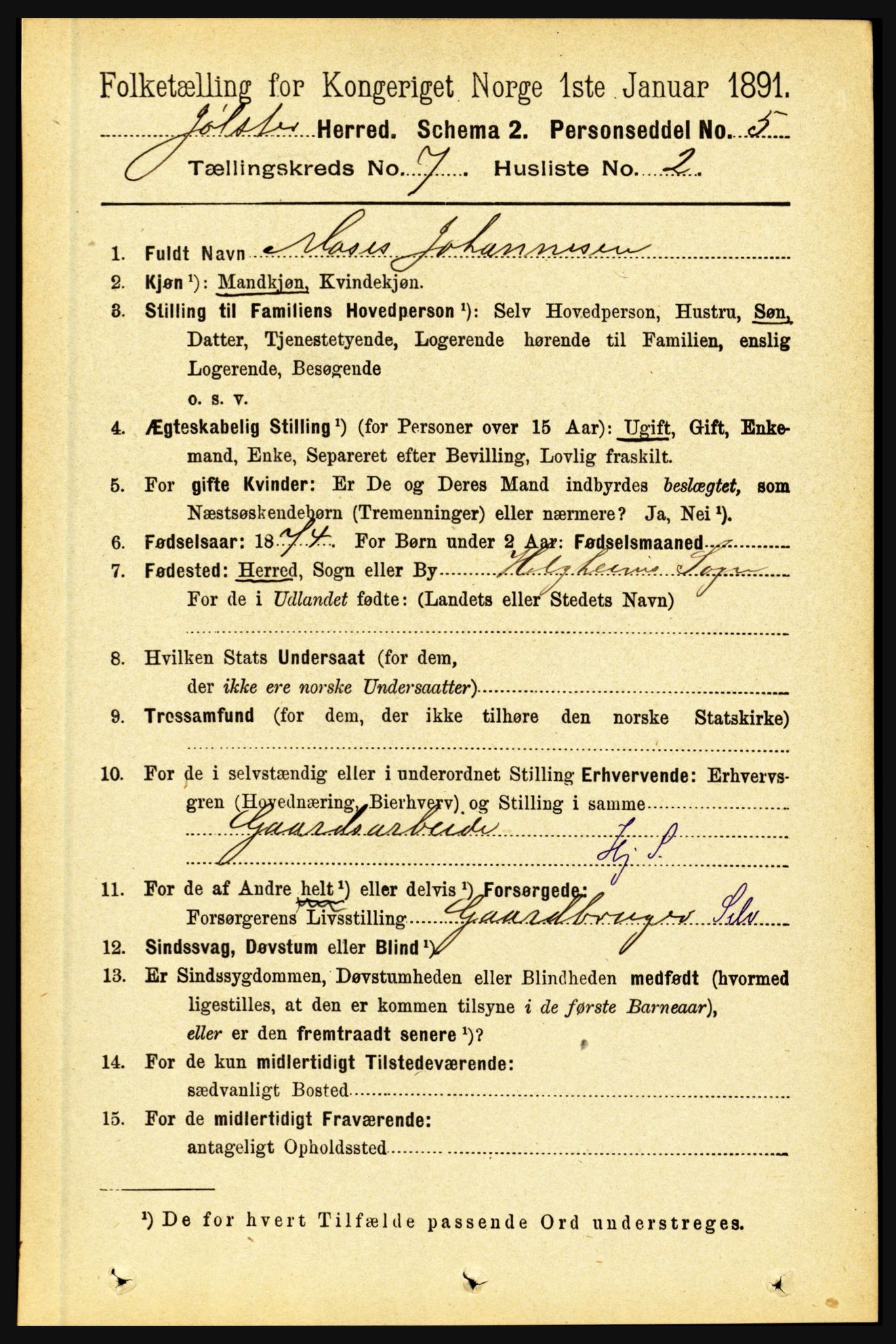 RA, 1891 census for 1431 Jølster, 1891, p. 2468