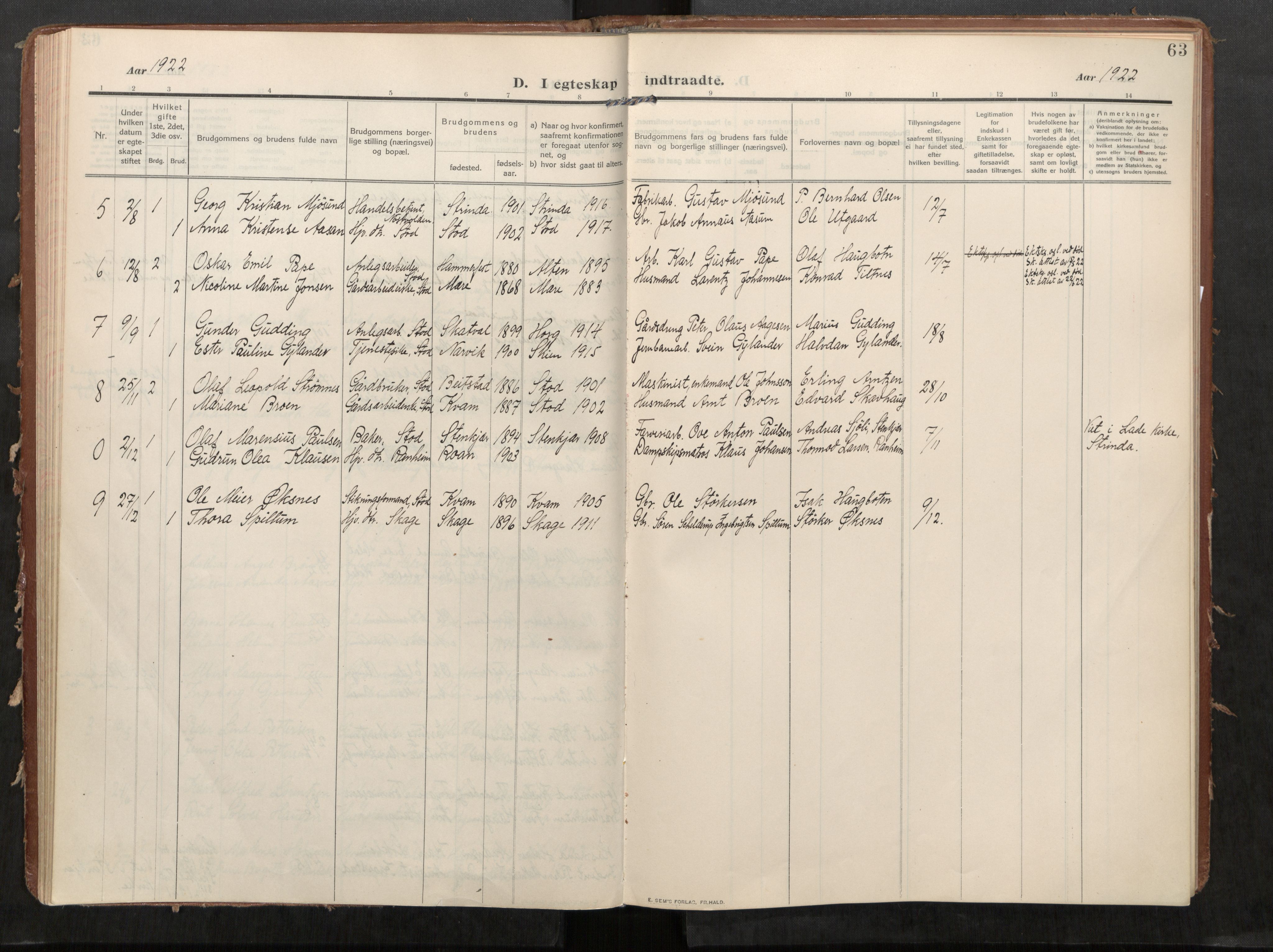 Stod sokneprestkontor, AV/SAT-A-1164/1/I/I1/I1a/L0002: Parish register (official) no. 2, 1909-1922, p. 63