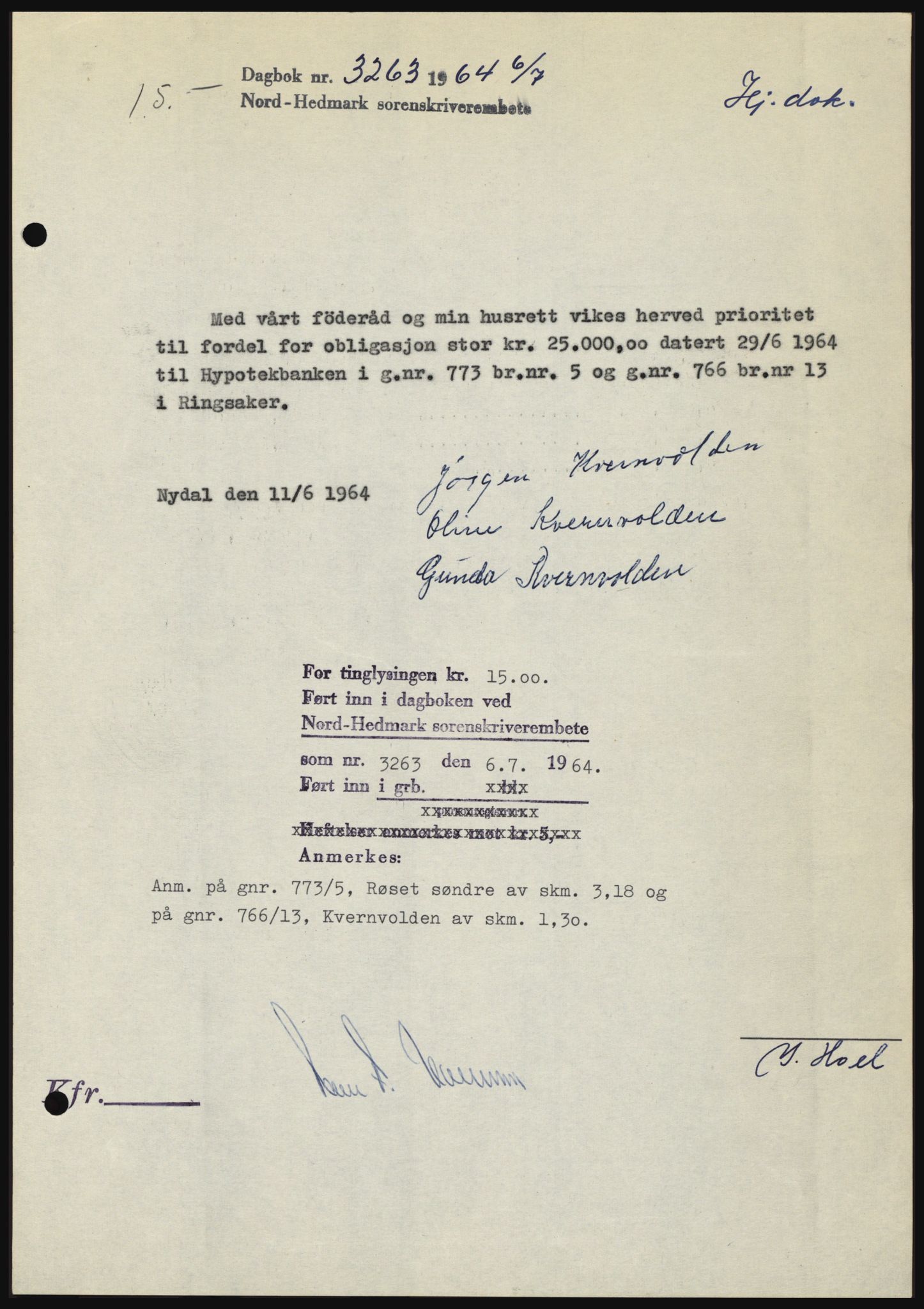 Nord-Hedmark sorenskriveri, SAH/TING-012/H/Hc/L0020: Mortgage book no. 20, 1964-1964, Diary no: : 3263/1964