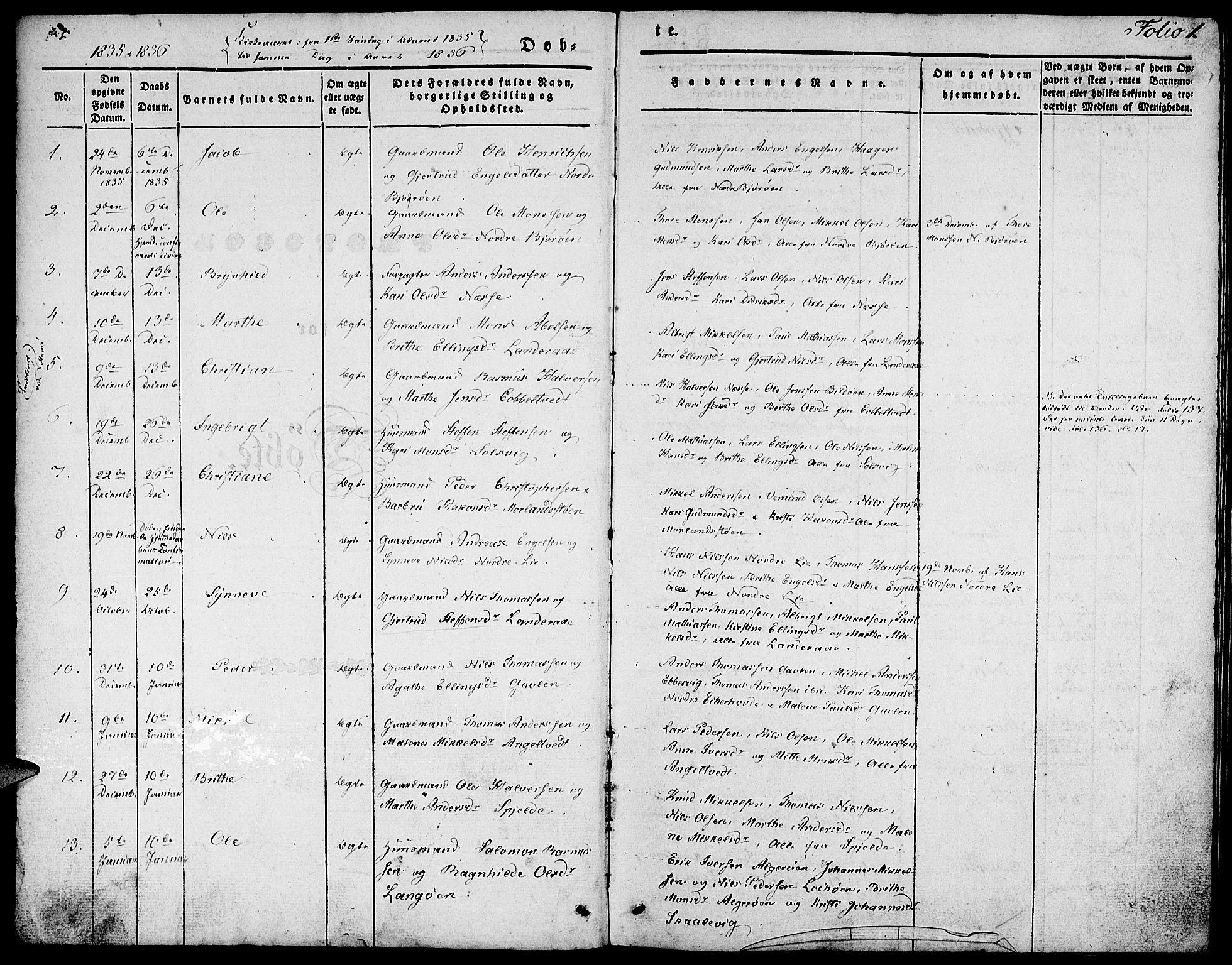 Fjell sokneprestembete, AV/SAB-A-75301/H/Haa: Parish register (official) no. A 1, 1835-1850, p. 1