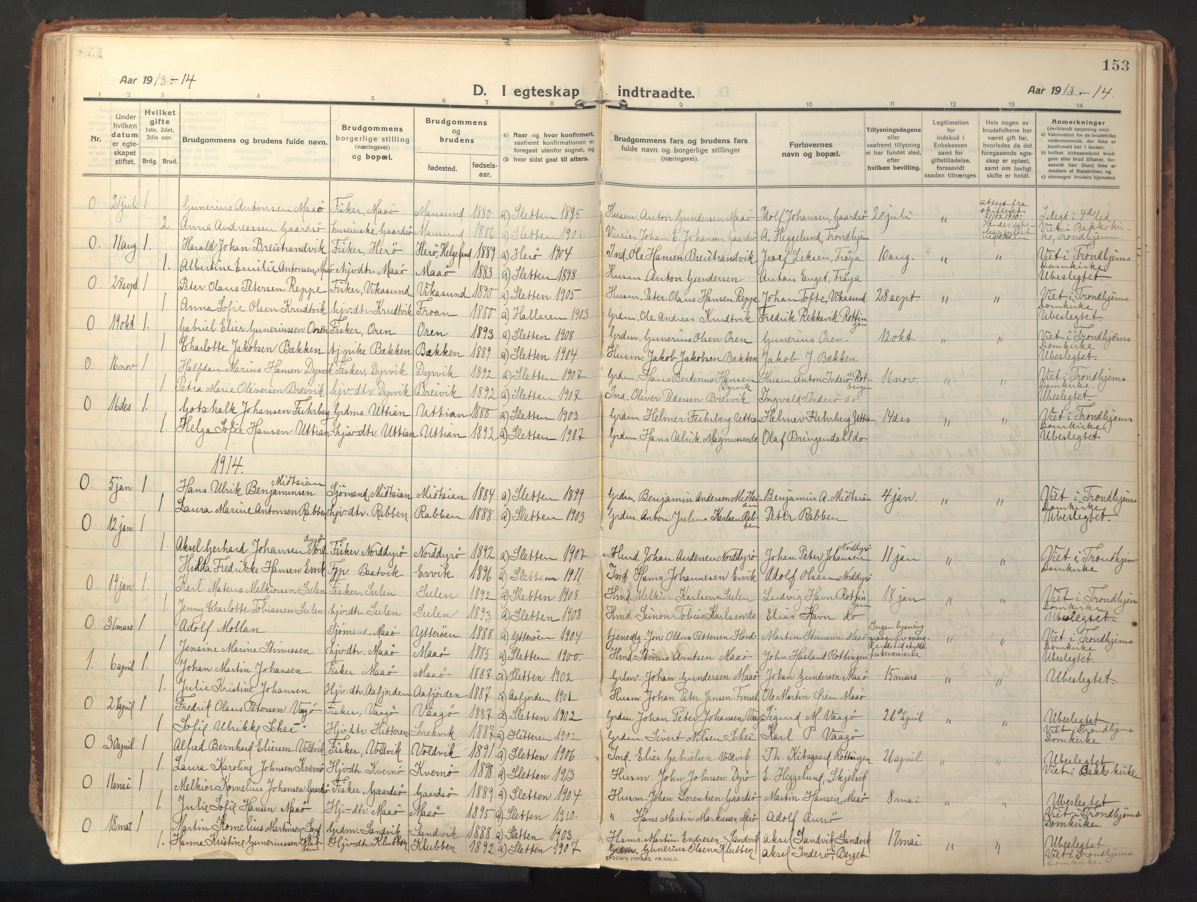 Ministerialprotokoller, klokkerbøker og fødselsregistre - Sør-Trøndelag, SAT/A-1456/640/L0581: Parish register (official) no. 640A06, 1910-1924, p. 153