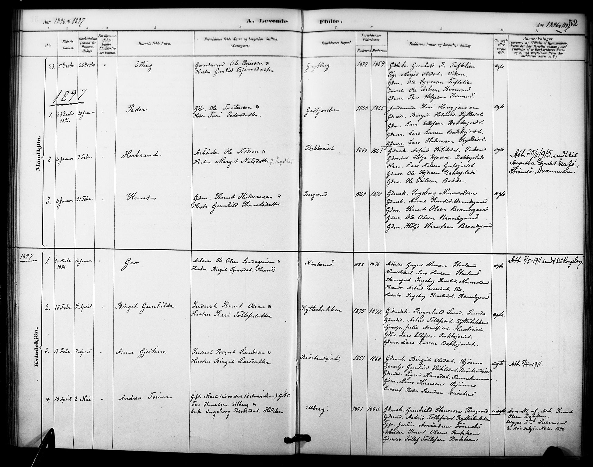 Nore kirkebøker, SAKO/A-238/F/Fc/L0004: Parish register (official) no. III 4, 1885-1898, p. 52
