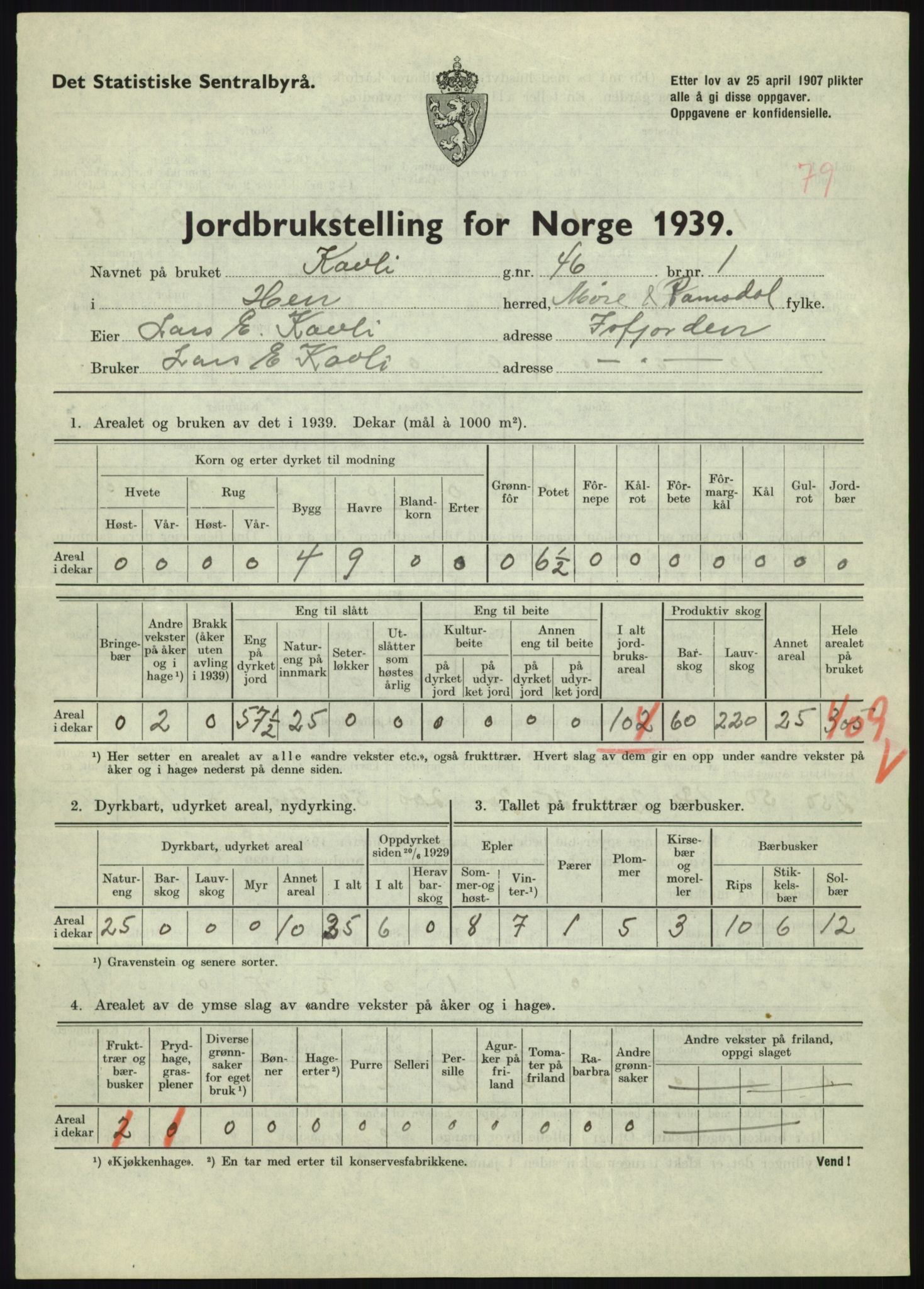 Statistisk sentralbyrå, Næringsøkonomiske emner, Jordbruk, skogbruk, jakt, fiske og fangst, AV/RA-S-2234/G/Gb/L0251: Møre og Romsdal: Voll, Eid, Grytten og Hen, 1939, p. 1401